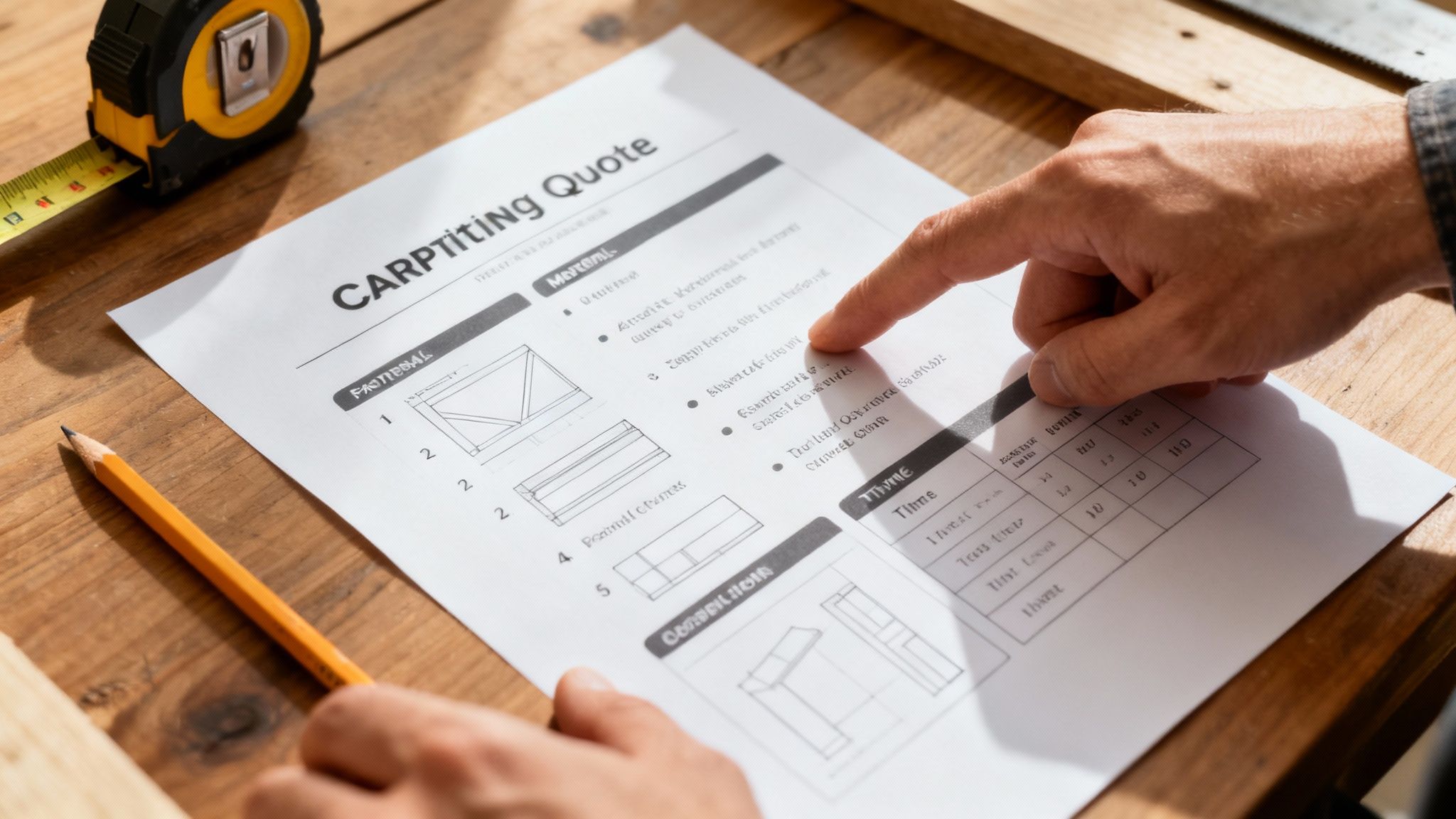 En hånd peger på et tømrertilbud på et træbord med målebånd og blyant.