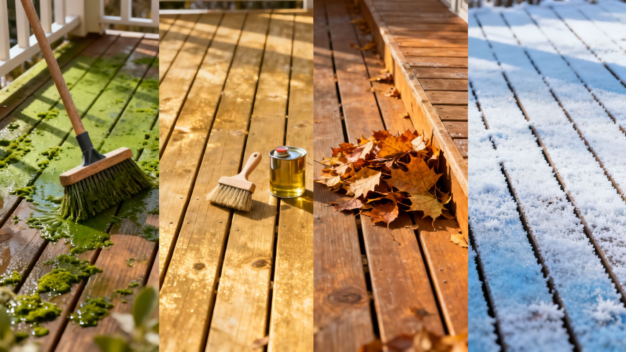 Billedserie viser rengøring, oliebehandling, efterårsblade og vintersne på en træterrasse gennem de fire årstider.