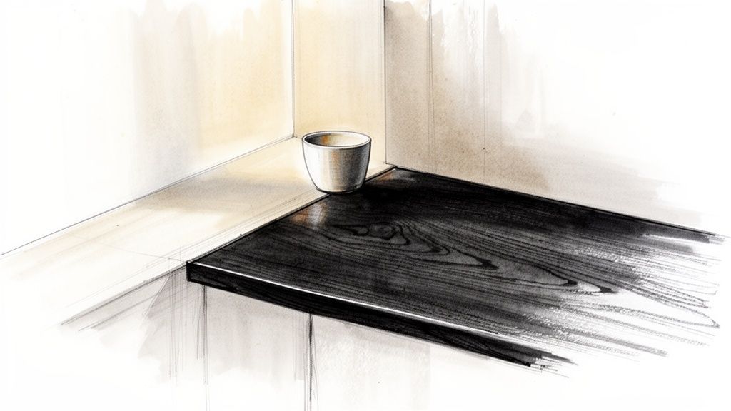 En akvarelillustration, der viser en mørk træhylde i et hjørne med en enkel kop på den.