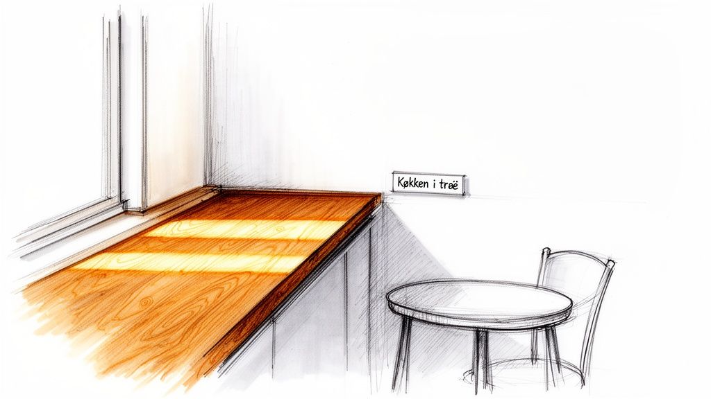 Skitseret køkkeninteriør med træbordplade og en lille spiseplads. Sollys skaber striber på træet.