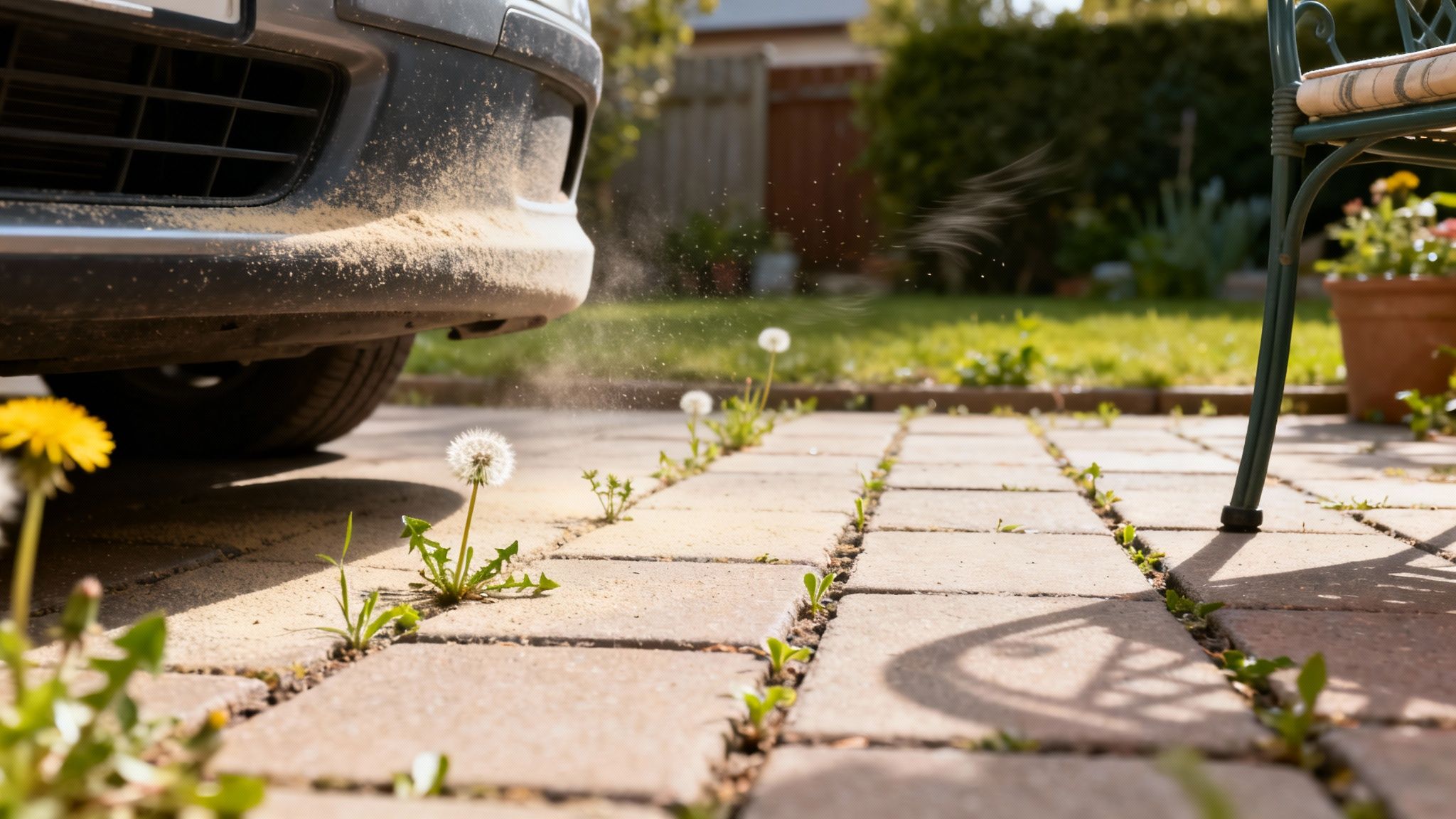 En bil med stenmel på frontkofangeren, en stenbelagt sti med mælkebøtter, og en grøn stol i en have.