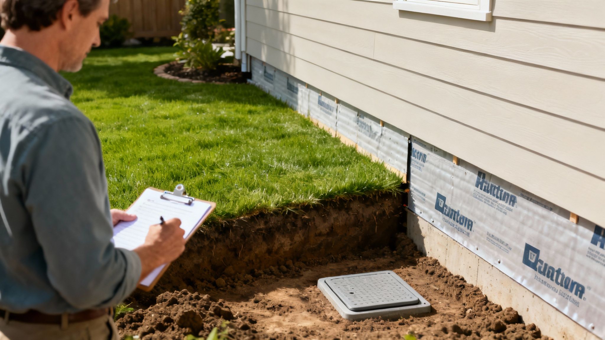 Mand inspicerer husfundament og omfangsdræn, skriver noter på en clipboard under udendørs inspektion.