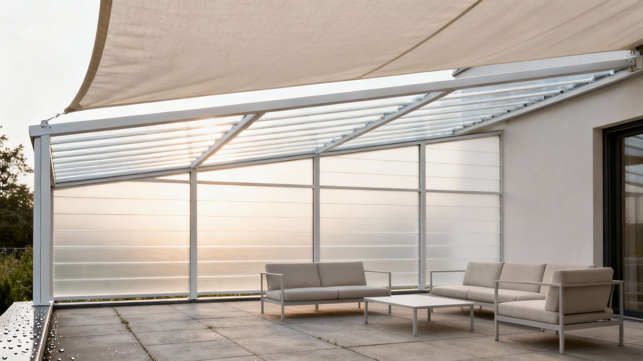 En moderne overdækket terrasse med glasvægge, et halvgennemsigtigt tag og beige udendørsmøbler.