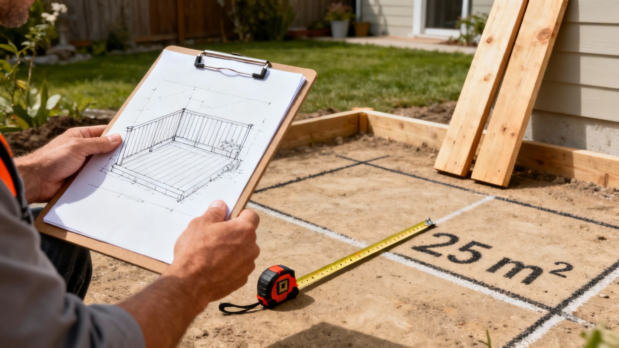 En smukt konstrueret træterrasse i en have, der viser det færdige resultat.