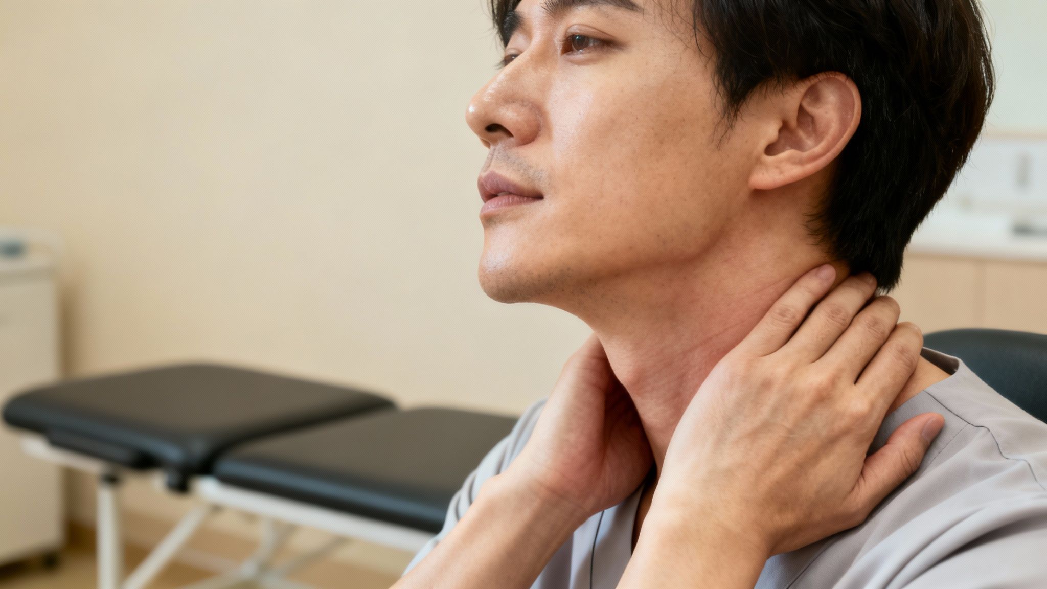 En mand holder sig om nakken og udviser ubehag, muligvis grundet smerte i en klinikindstilling.