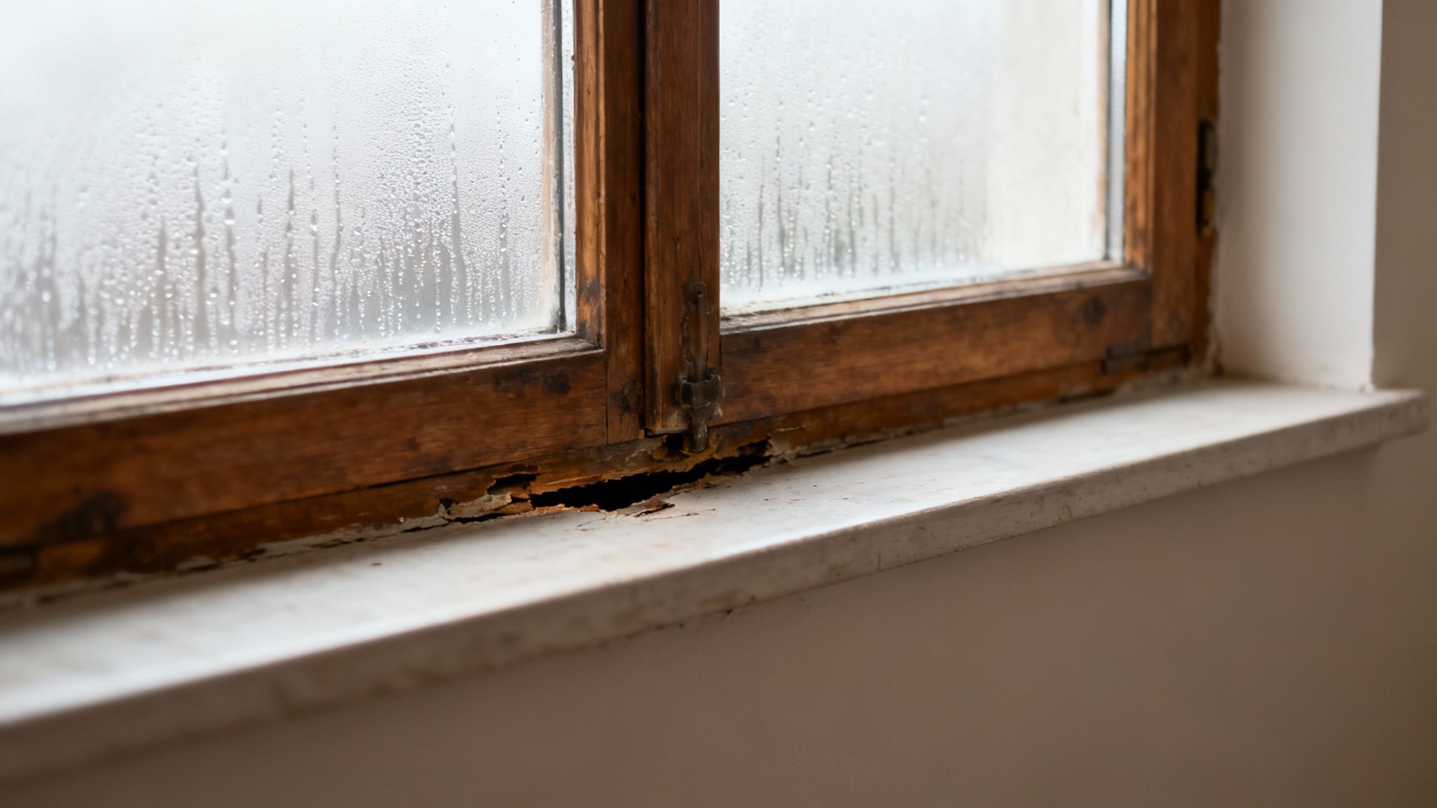 En person inspicerer et ældre trævindue, der viser tegn på slid og forfald