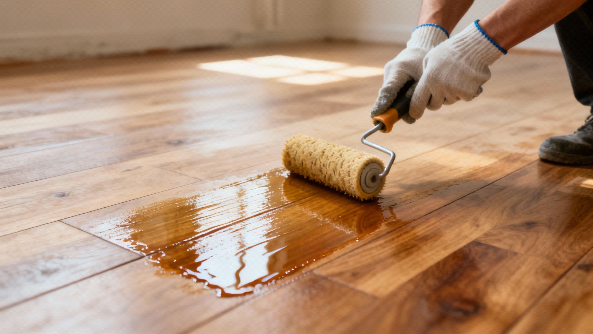 En person påfører olie på et trægulv med en rulle, hvilket giver gulvet en ny, skinnende finish.