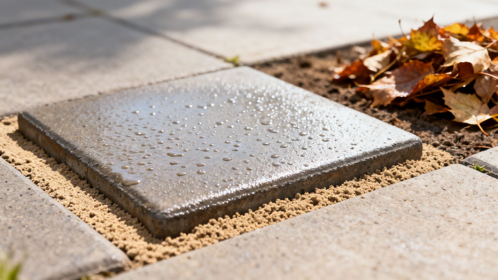 Nærbillede af en våd flise med vanddråber og sandfugning, omgivet af flere fliser og tørre blade.
