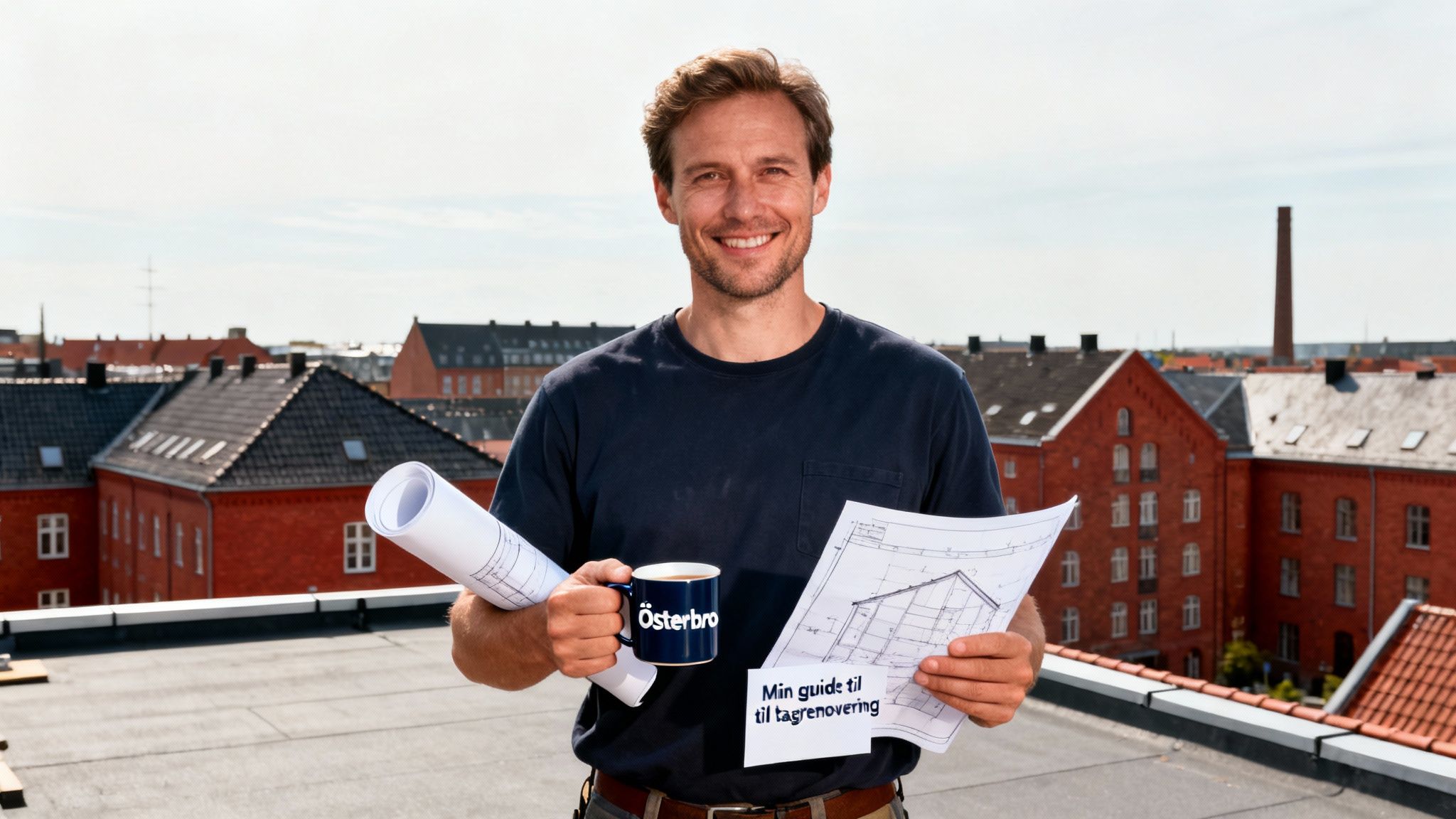 Smilende mand på tag holder byggeplaner og en kop med Østerbro logo, med guide til tagrenovering.