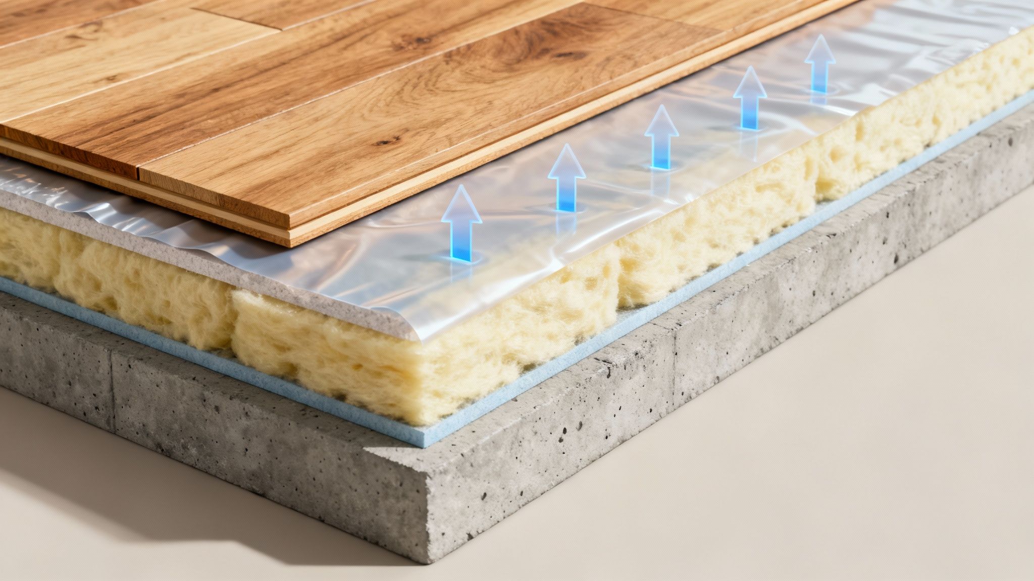 Gulvkonstruktion med dampspærre, isolering, trægulv og beton, der viser fugtopstigning.