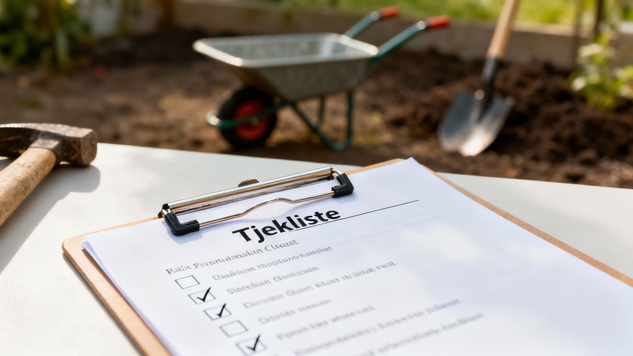 Nærbillede af en tjekliste til havearbejde med en hammer, trillebør og skovl i baggrunden.