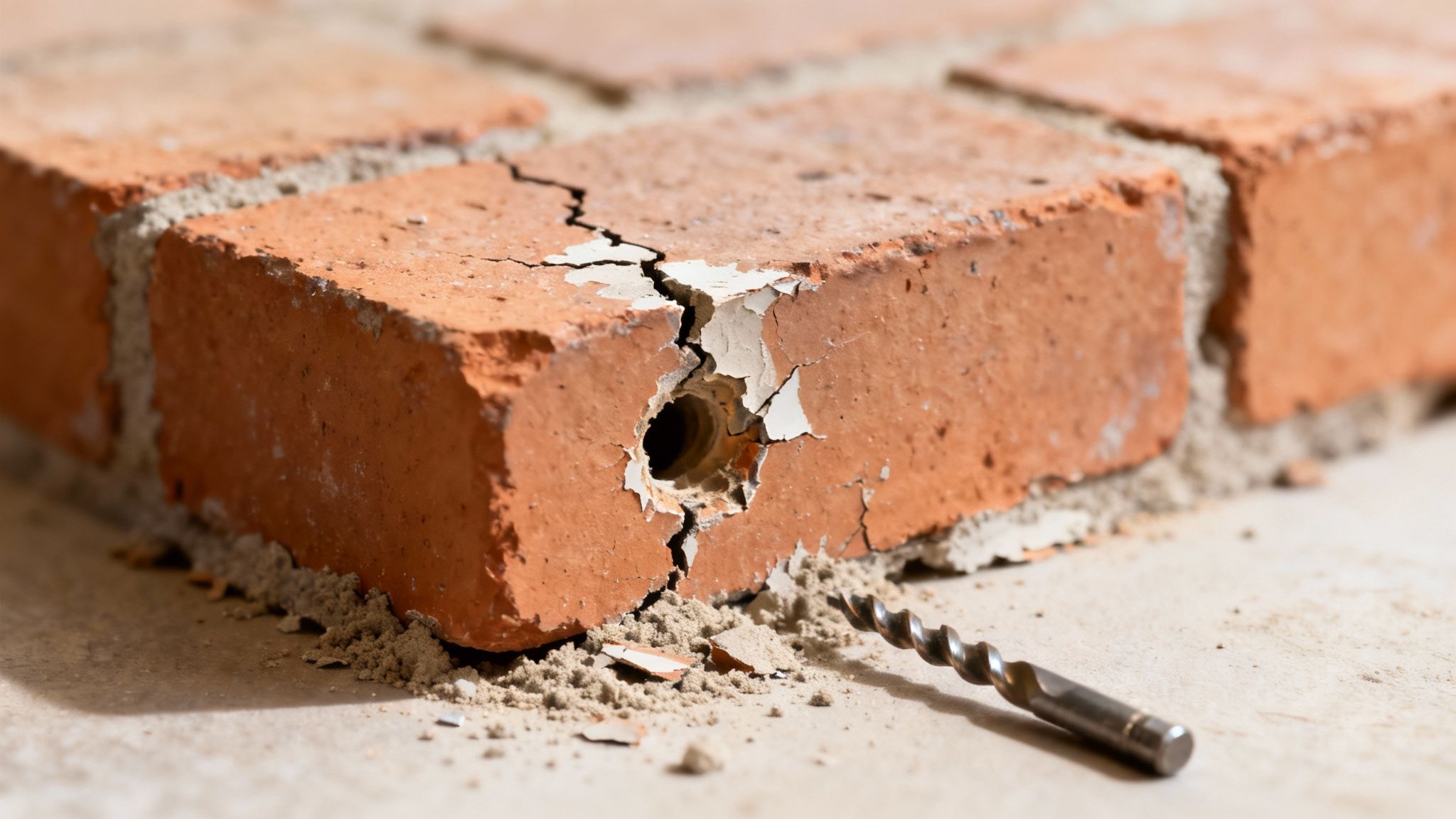 En knækket mursten med et boret hul og løst materiale, samt en borebit på gulvet.