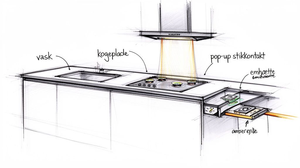 Skitse af en moderne køkkenø med vask, kogeplade, pop-up stikkontakt og emhættefunktioner.