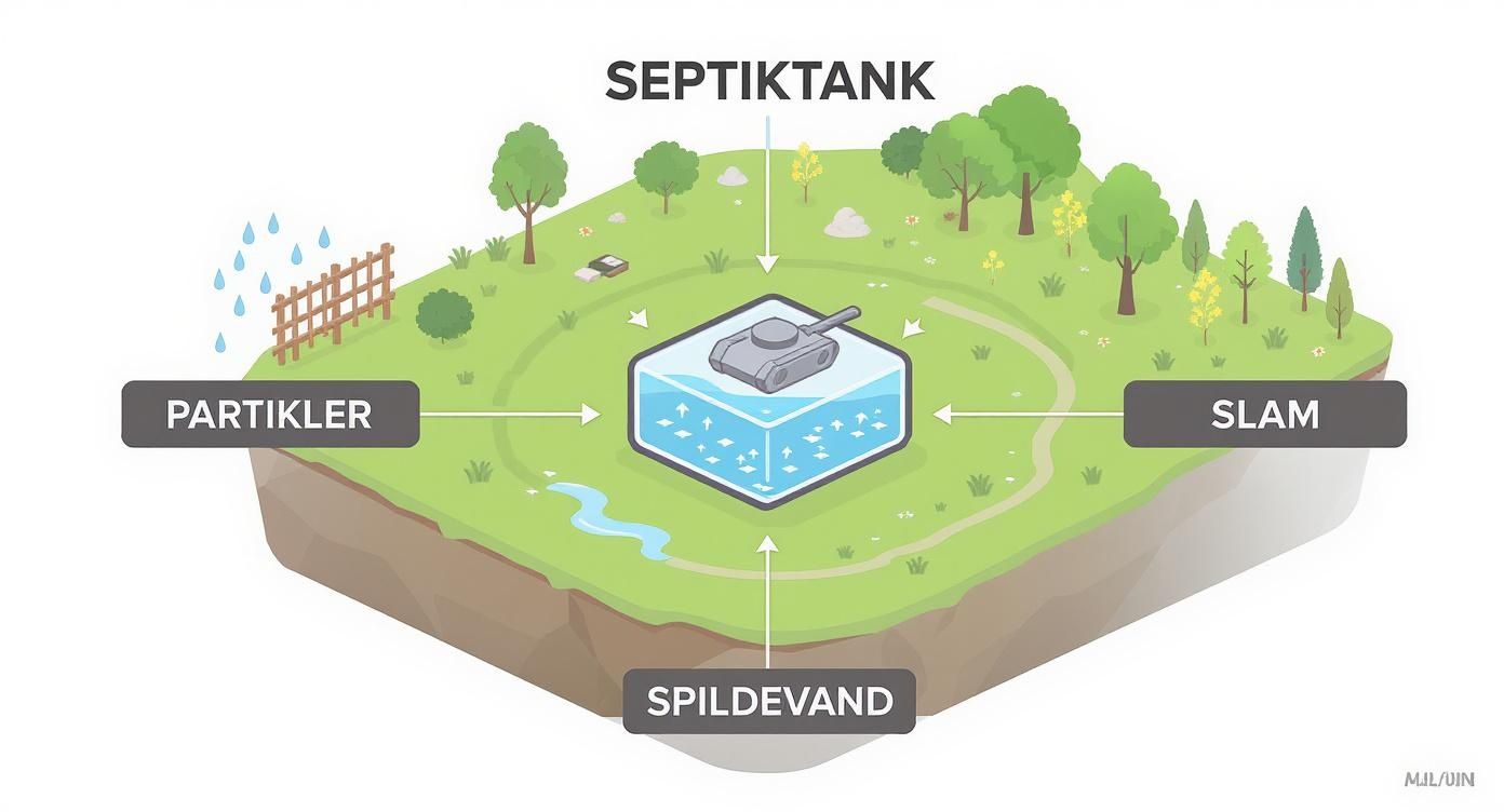 Diagram der viser septiktank med tilløb fra partikler, slam, spildevand og regnvand i naturligt miljø
