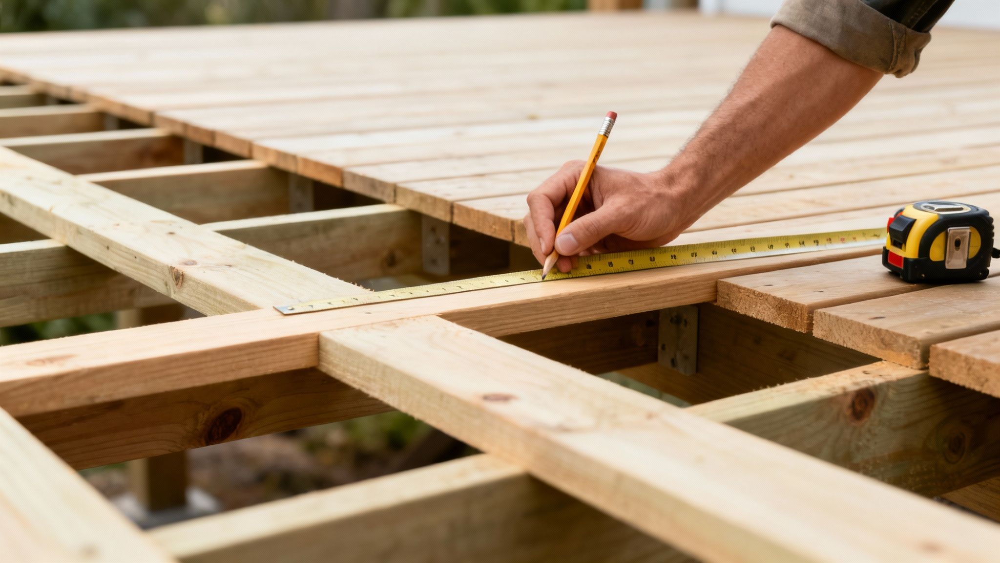 En person måler og markerer træbrædder til en terrassekonstruktion med et målebånd og en blyant.