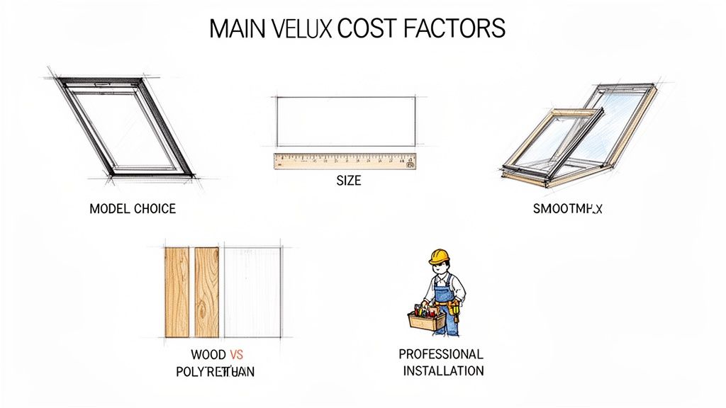 Diagram, der viser de fem hovedfaktorer, der påvirker prisen på Velux vinduer.