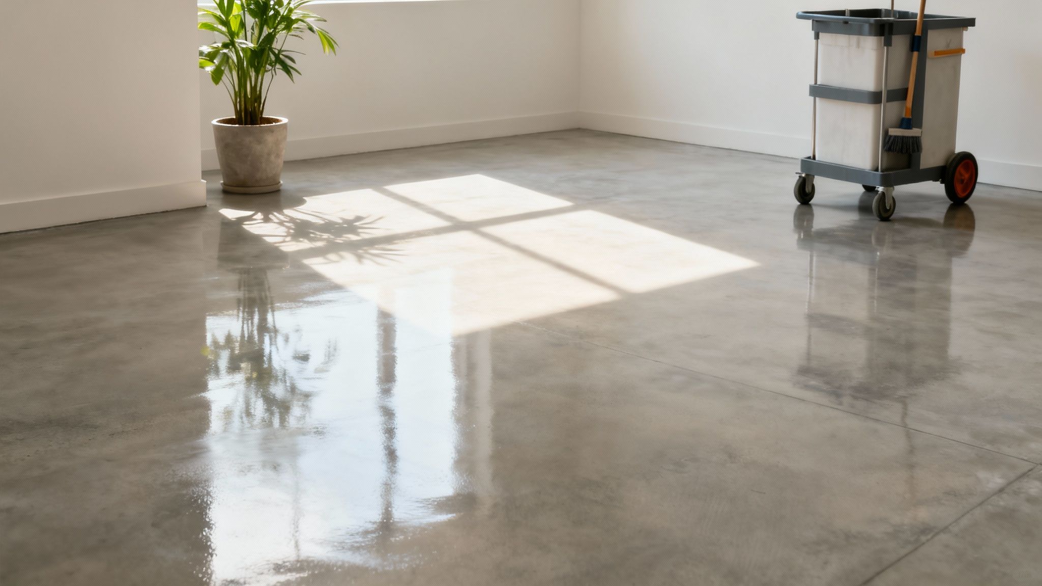 Et nyrenoveret rum med et blankpoleret betongulv, sollys, en plante og rengøringsudstyr.