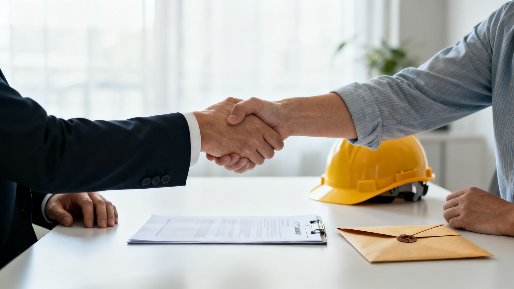 To mænd giver hånd i en forretningsaftale ved et bord med byggehjelm og dokumenter.