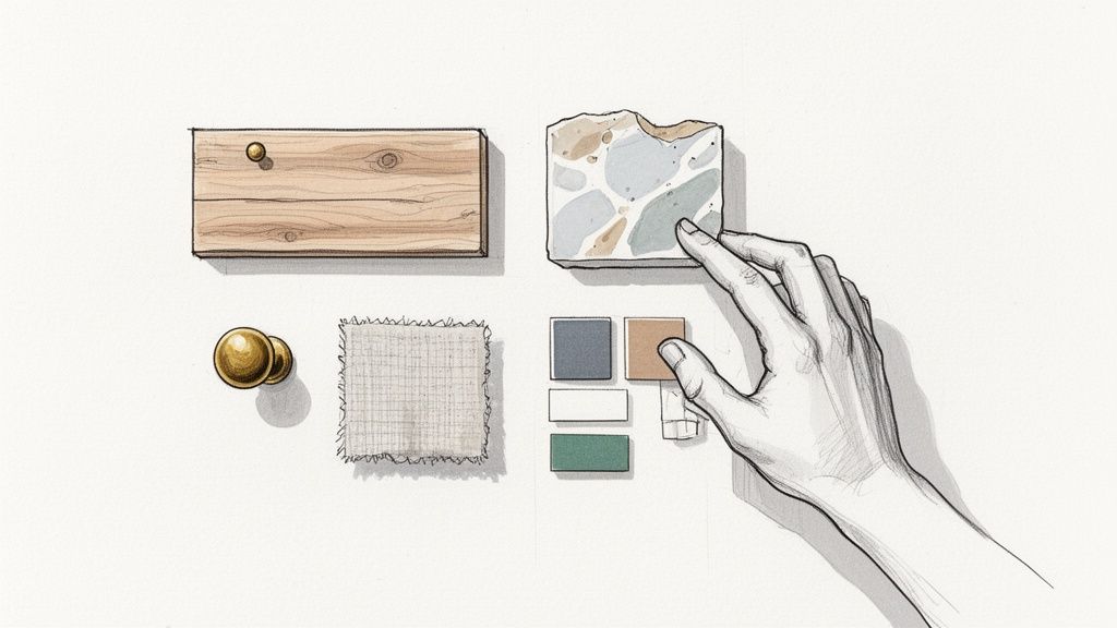 En hånd rører ved en mønstret flise, omgivet af træ, stofprøver og farveprøver til køkkeninspiration.