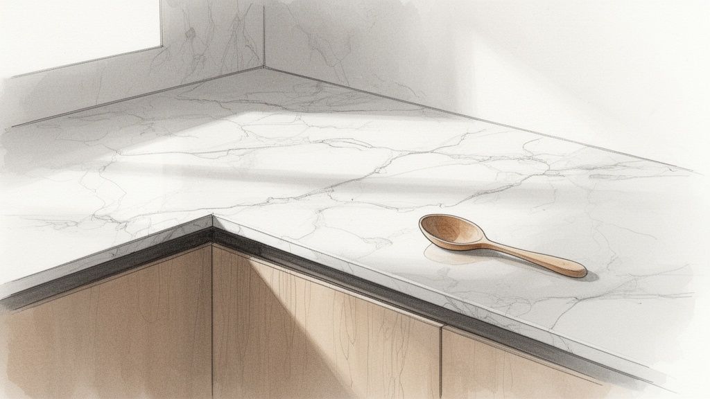 Et lyst køkken med en marmor bordplade og en træske, oplyst af naturligt lys.