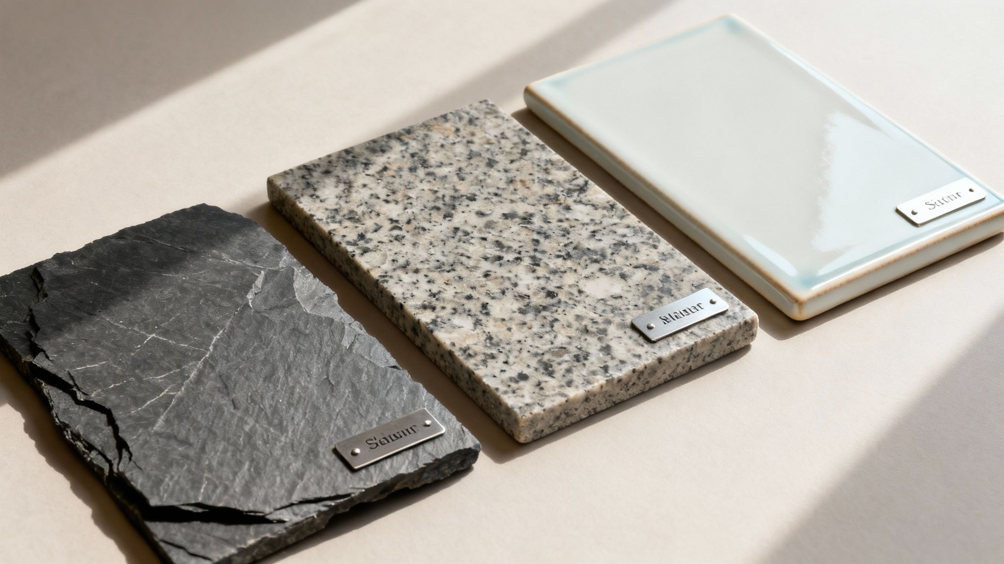 Tre materialprøver: mørk skifer, lysmeleret granit og lyseblå keramisk flise, arrangeret på en lys overflade med navneskilte.