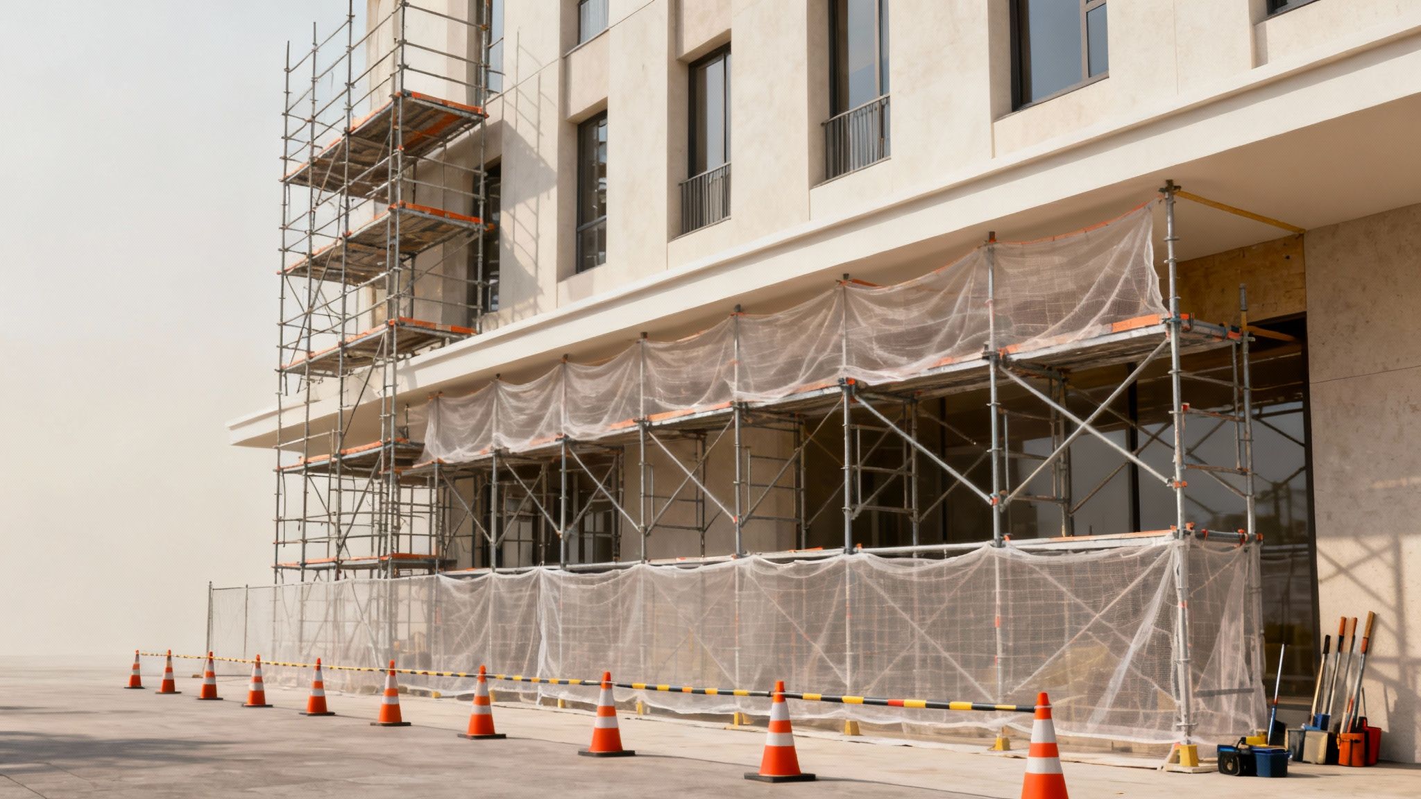 Bygning under konstruktion med stillads, sikkerhedsnet og orange afspærringskegler på fortovet.
