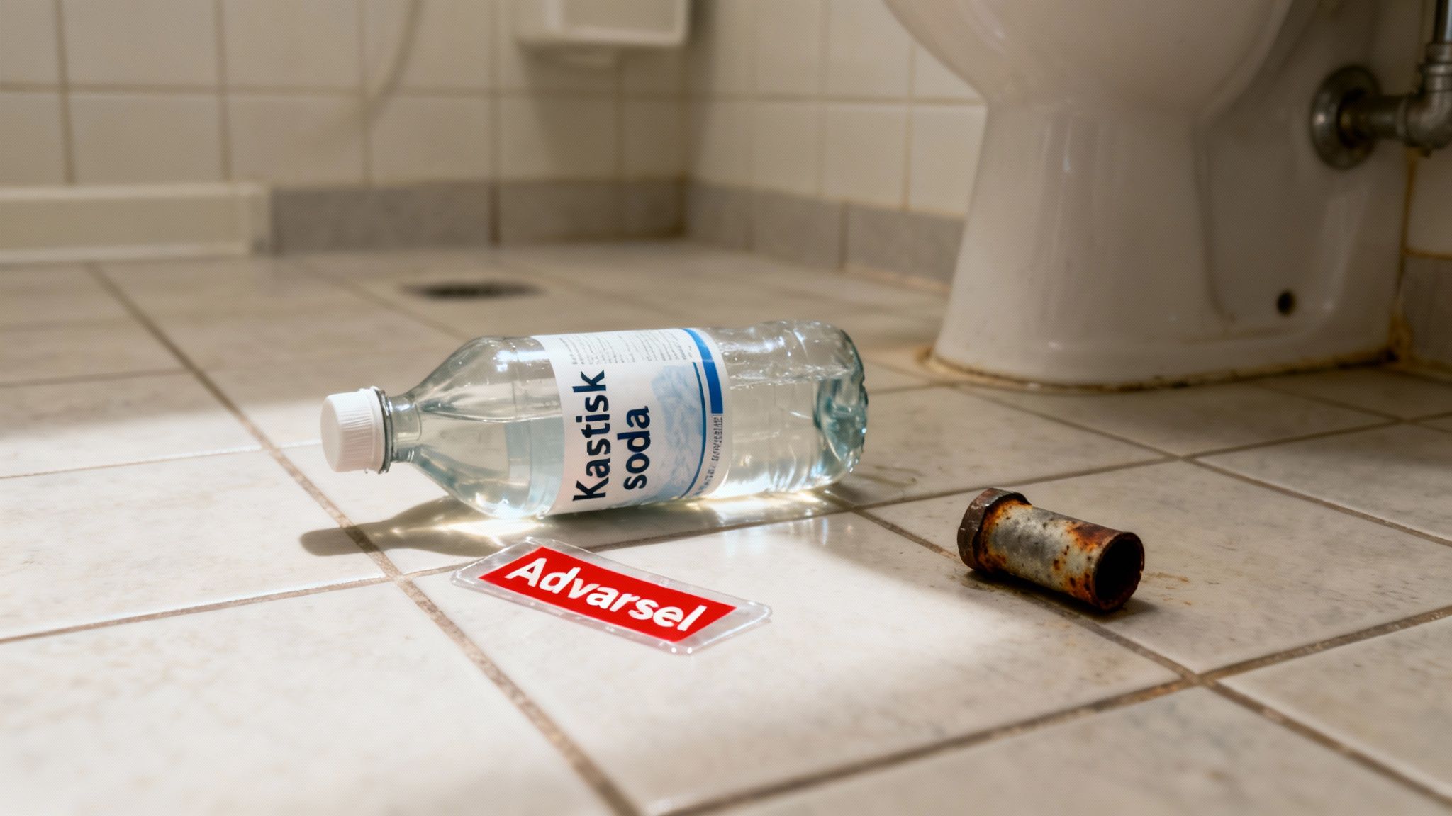 En flaske kaustisk soda, advarselsskilt og rustent rør på badeværelsesgulv ved toilet.