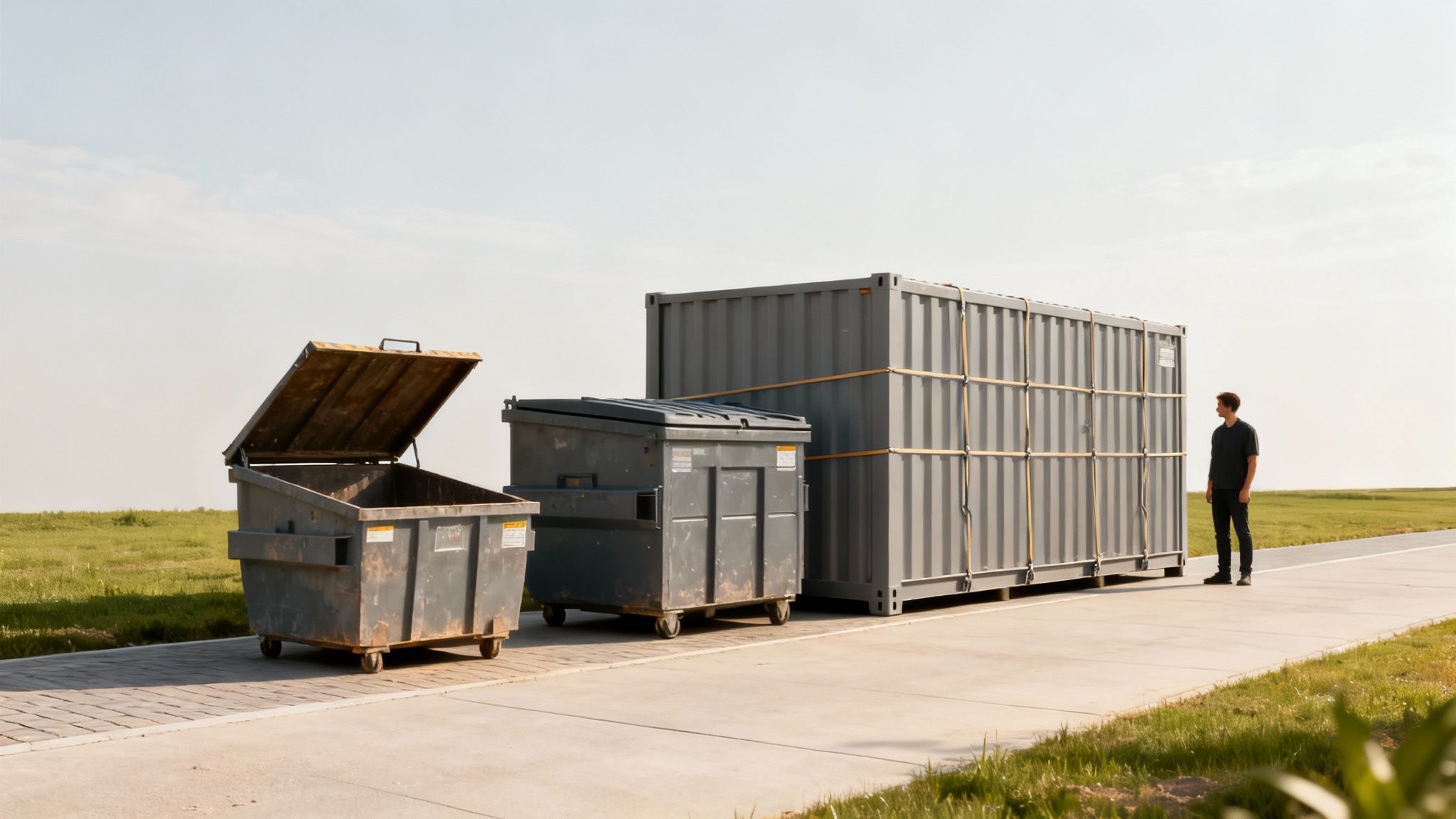 En mand står ved siden af en stor fragtcontainer, to skraldespande og grønne marker.