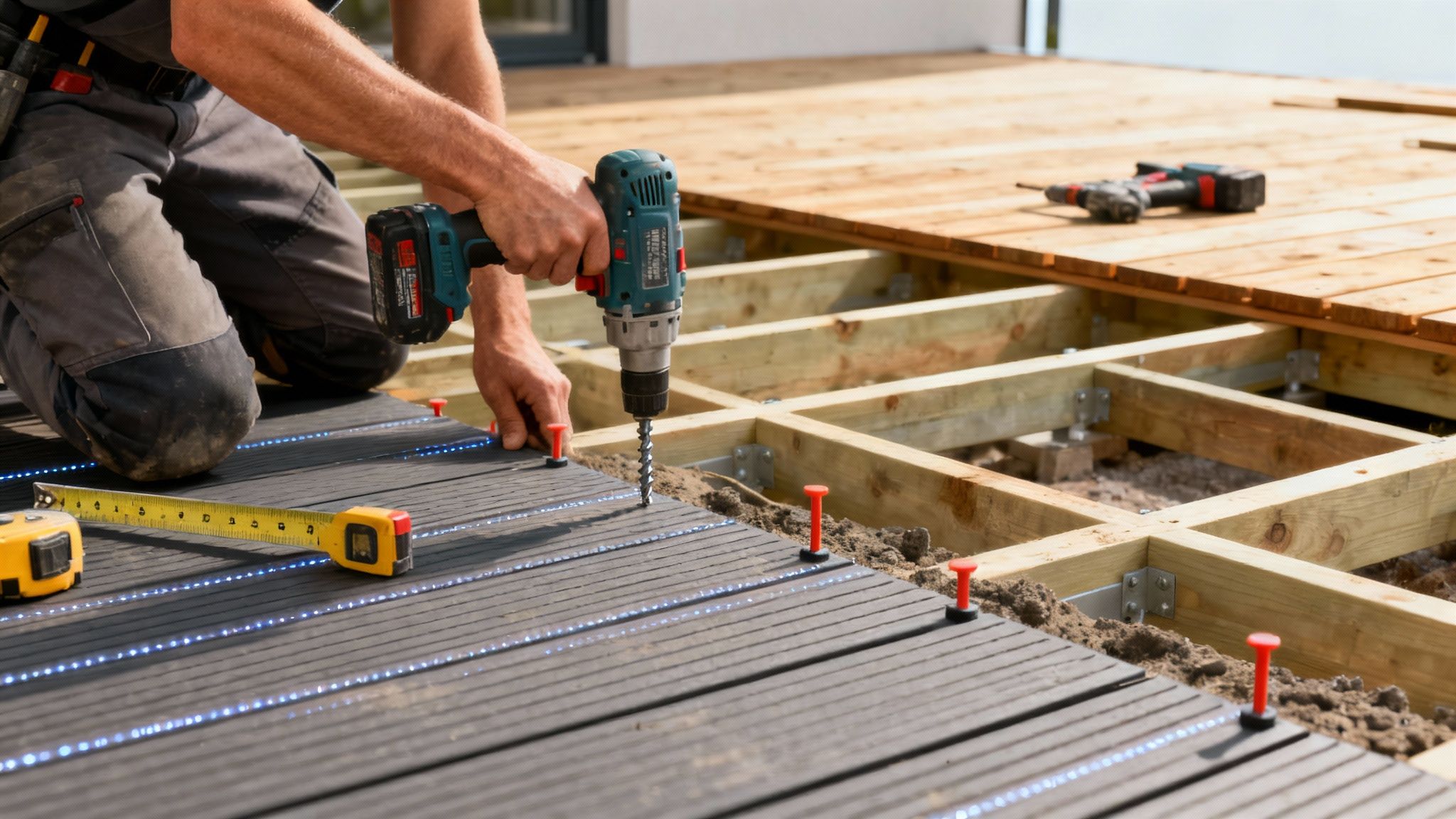 En tømrer i gang med at installere en ny komposit terrasse, hvilket viser processen med at lægge brædderne.