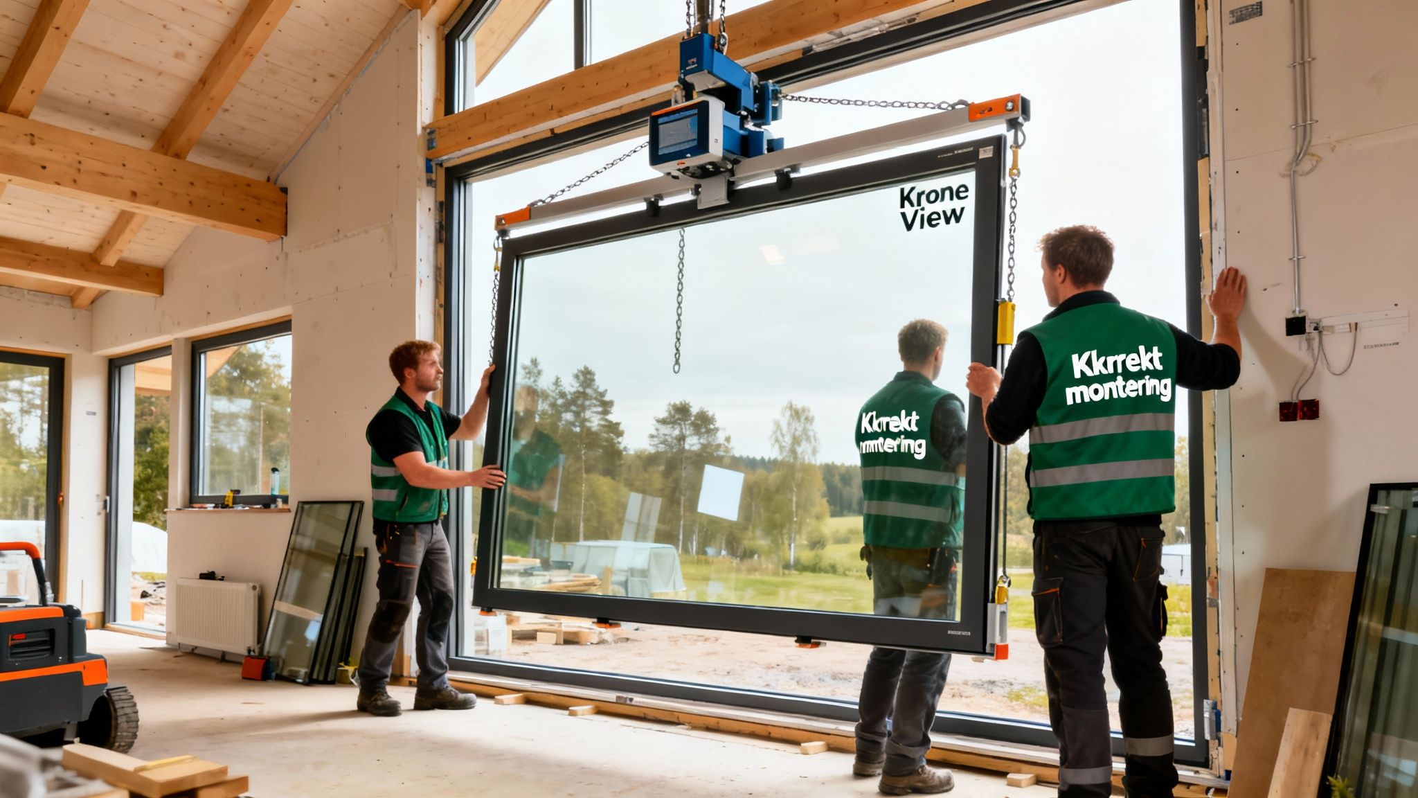 Tre mænd installerer et stort Krone View vindue med en kran i et nybyggeri. De bærer grønne veste.