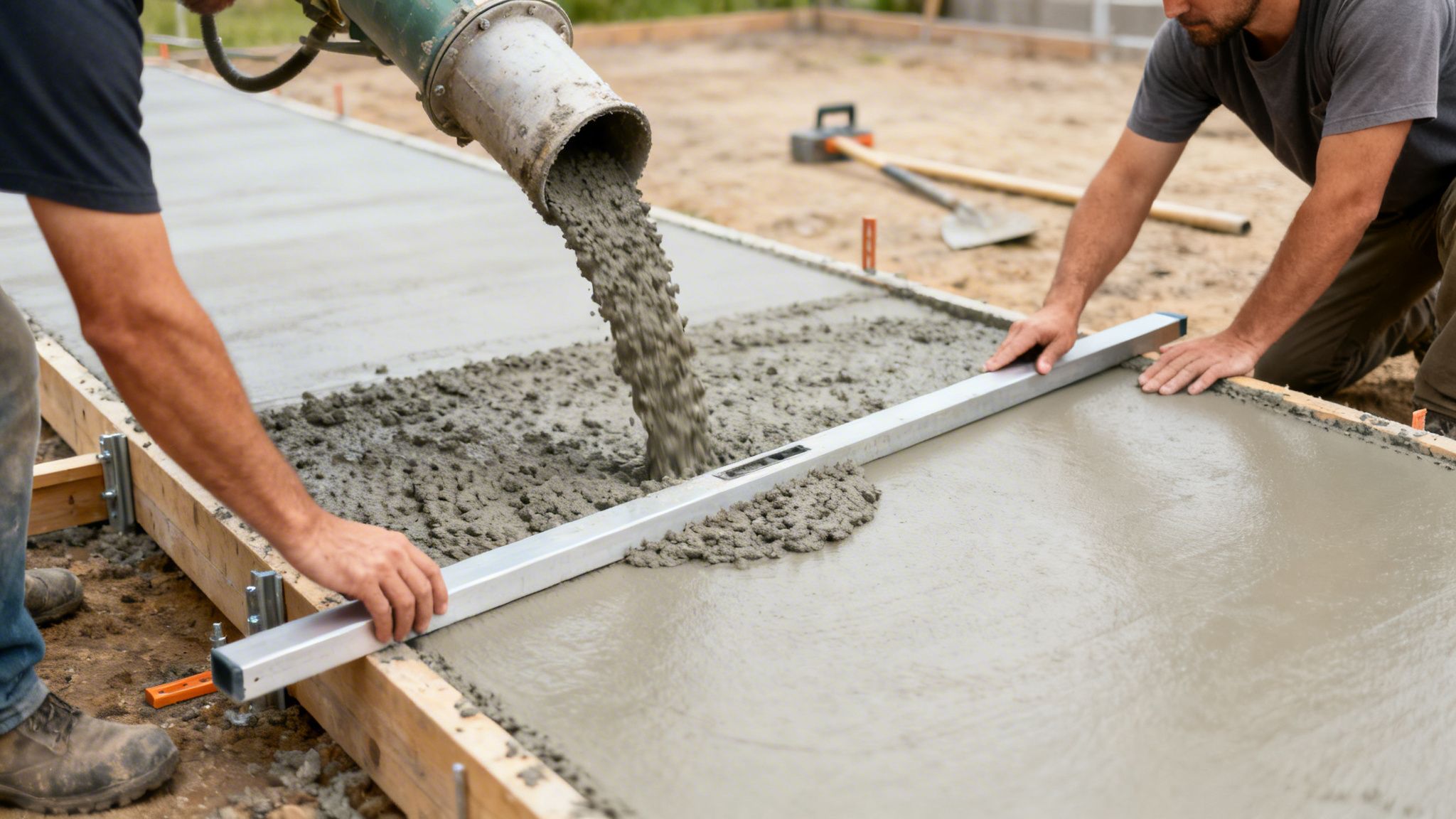 To arbejdere støber betongulv, en hælder beton fra pumpe, den anden udjævner med vaterpas.