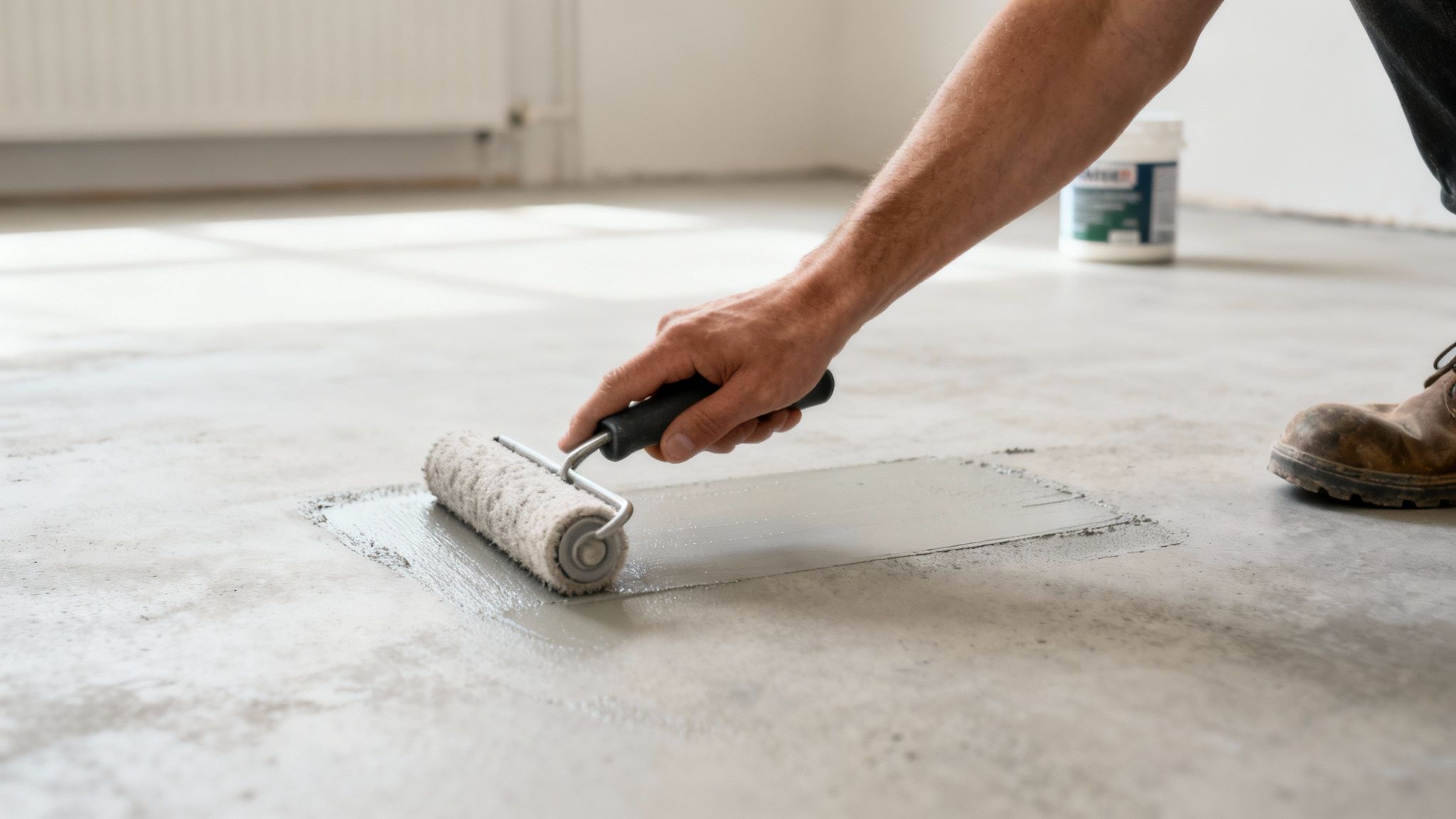 En person maler et betongulv med en rulle, spreder grå maling på overfladen.