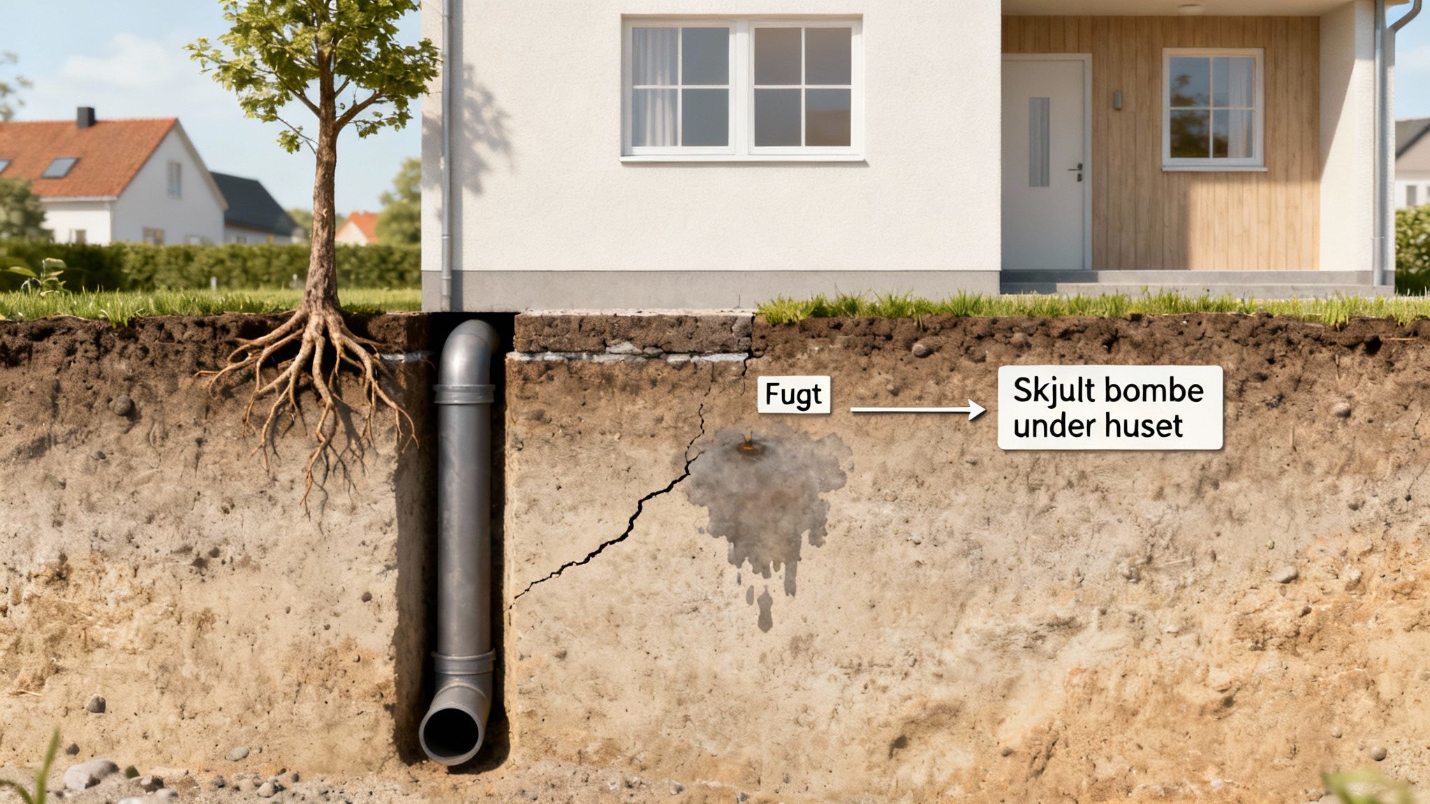 Tværsnit af husfundament viser fugt, revner og et drænrør, der indikerer potentielle kloakproblemer.