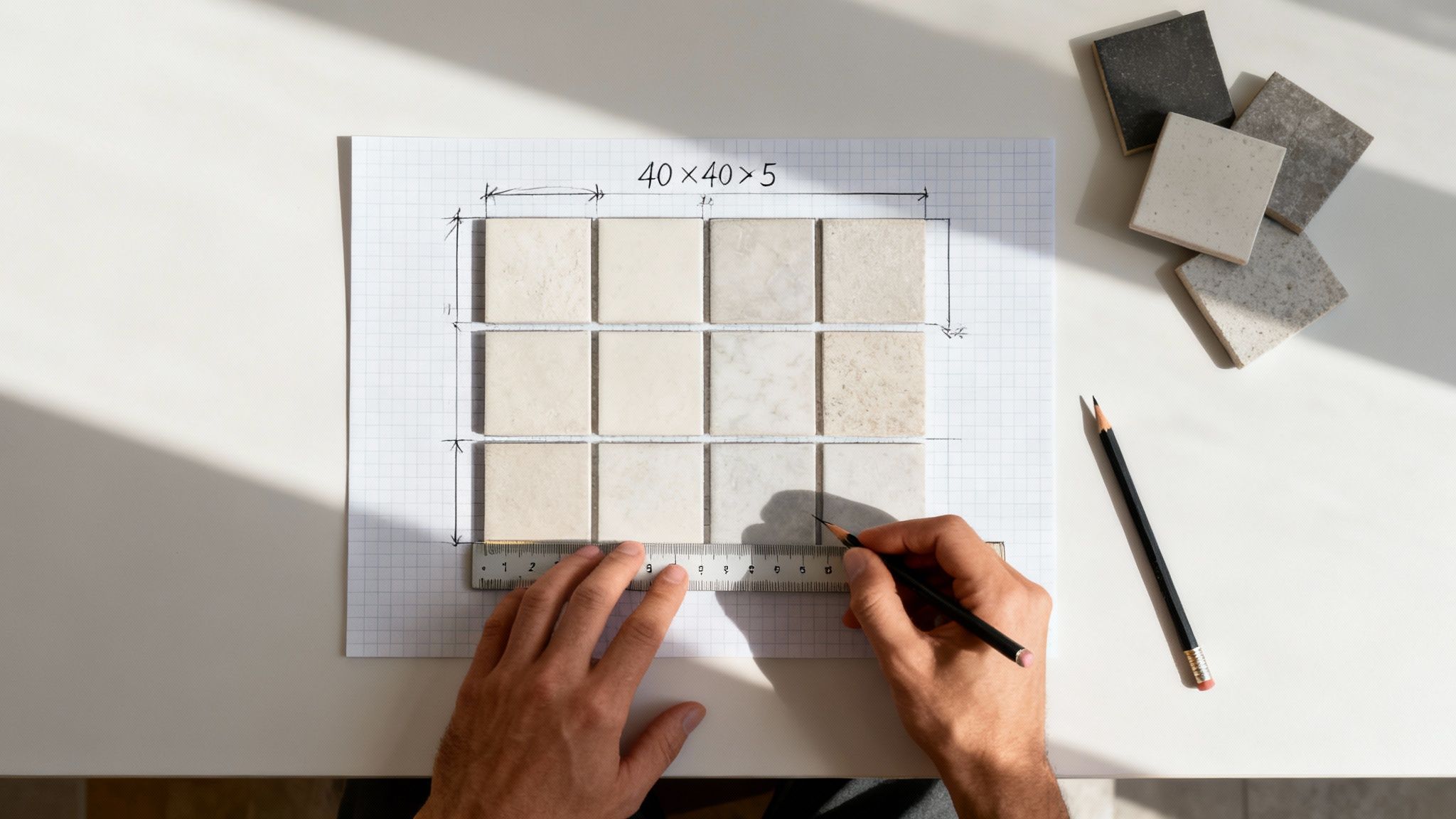 En palle med 40x40x5 fliser klar til at blive lagt på en terrasse