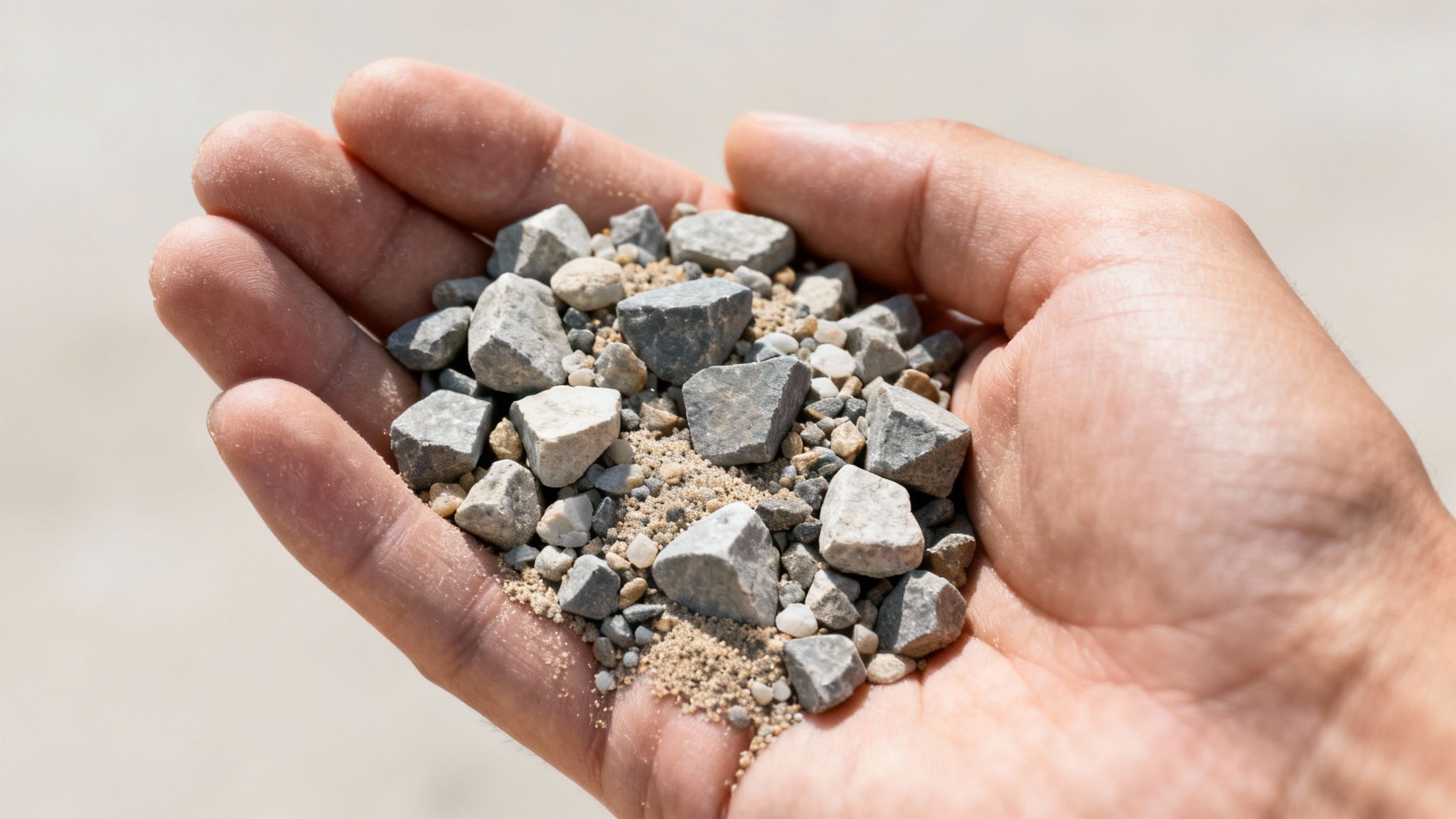 En hånd holder en bunke stabilgrus bestående af grus og sand under sollys.