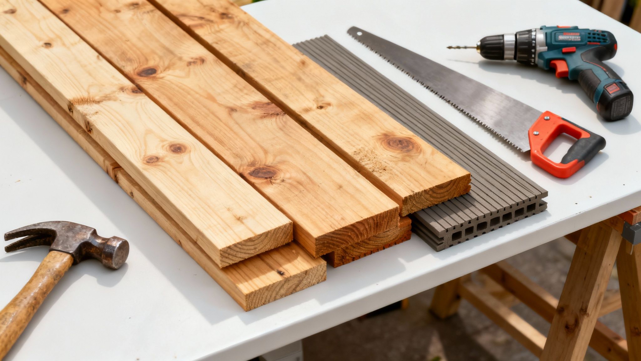 Et udvalg af træmaterialer og værktøj til et skurprojekt