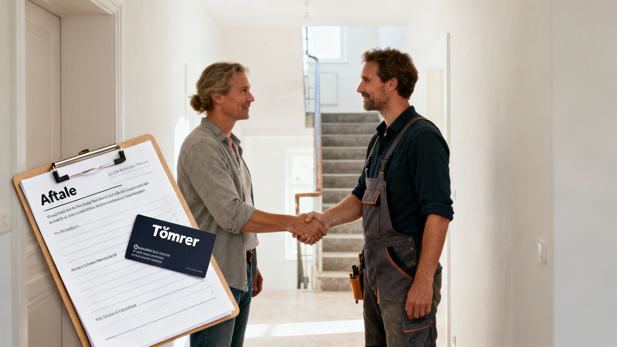 To mænd, en tømrer og en kunde, giver hånd i et hjem. En aftale og visitkort er synlige.
