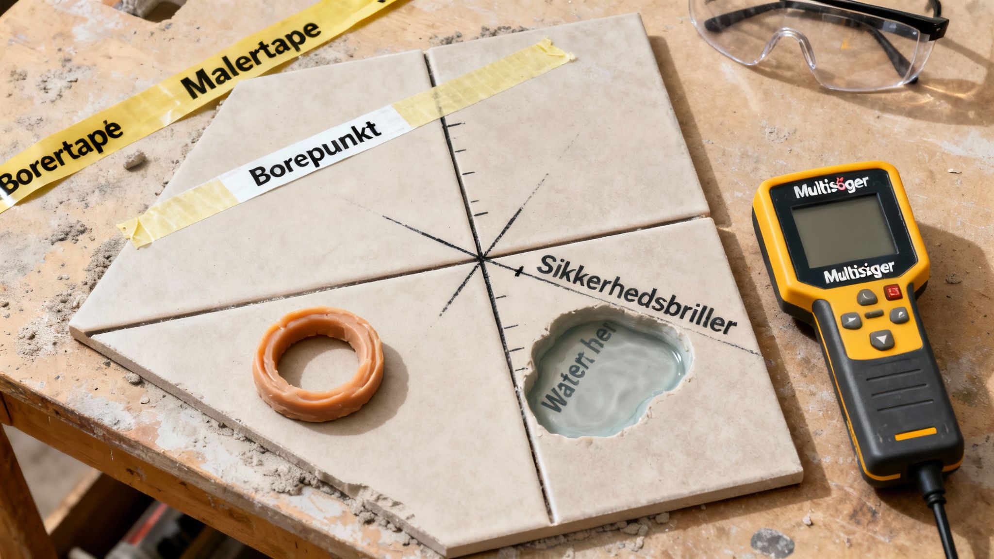 En arbejdsflade med fliser, markeringer for borepunkt, sikkerhedsbriller og et Multisiğer måleværktøj klar til brug.