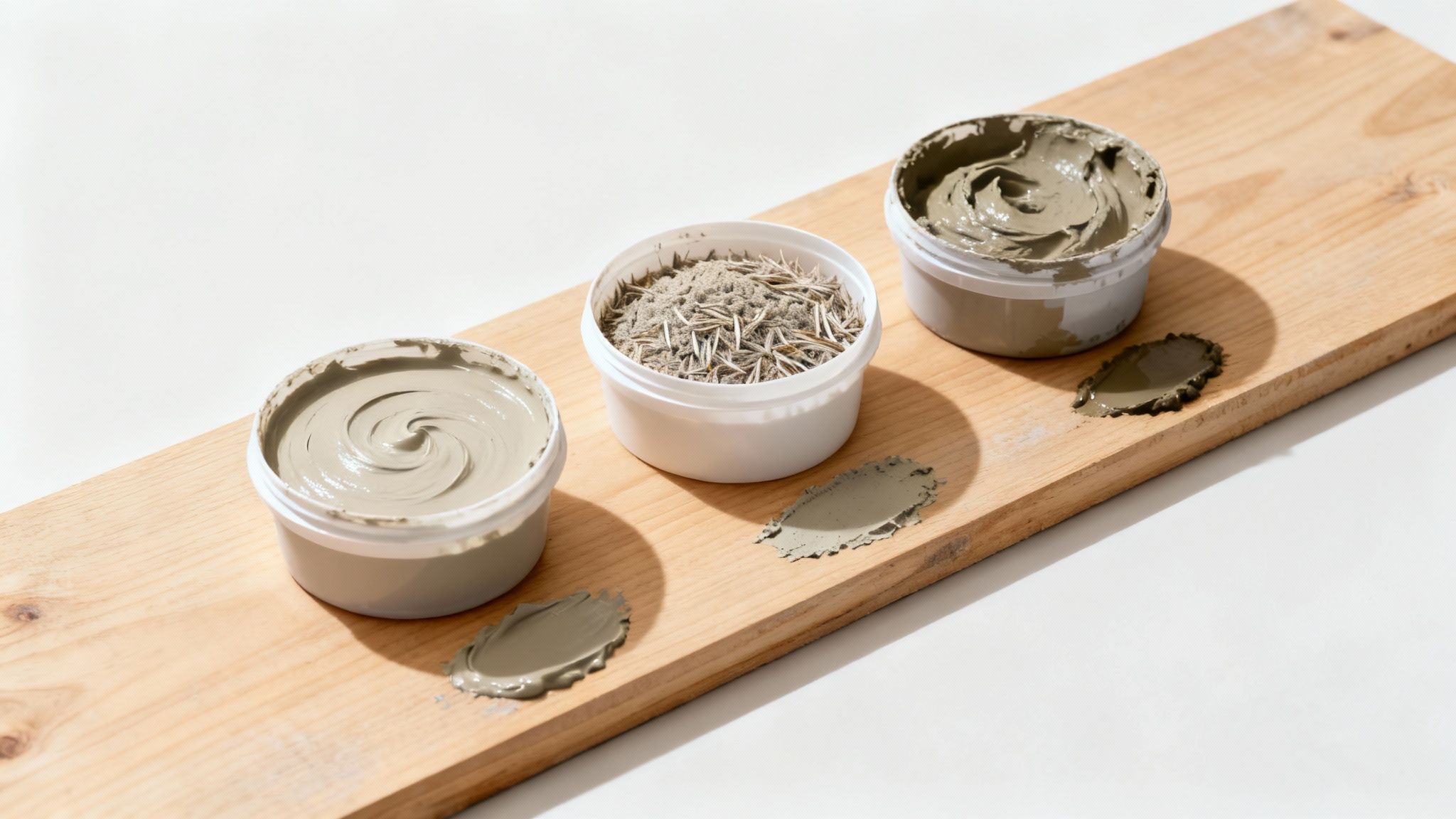 Tre beholdere med gulvspartel og tør blanding på et træbræt, med prøver af spartelmasse.