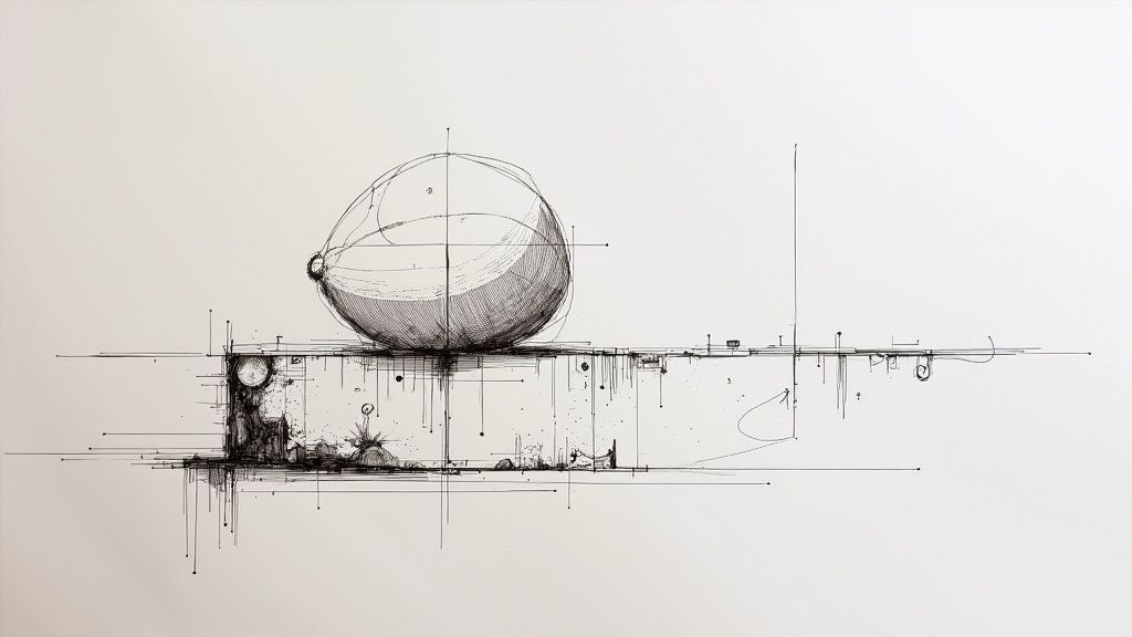 En detaljeret arkitektonisk skitse med en stor, skyggefuld kugle på en kompleks, lineær struktur.