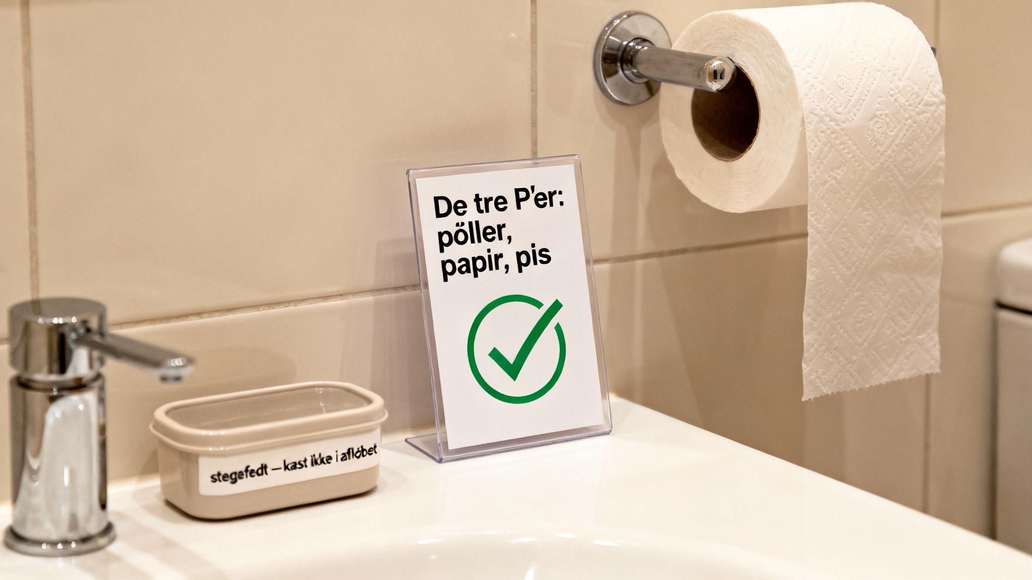 Et badeværelse med et skilt om, hvad der må skylles ud i toilettet, og en beholder til stegefedt.
