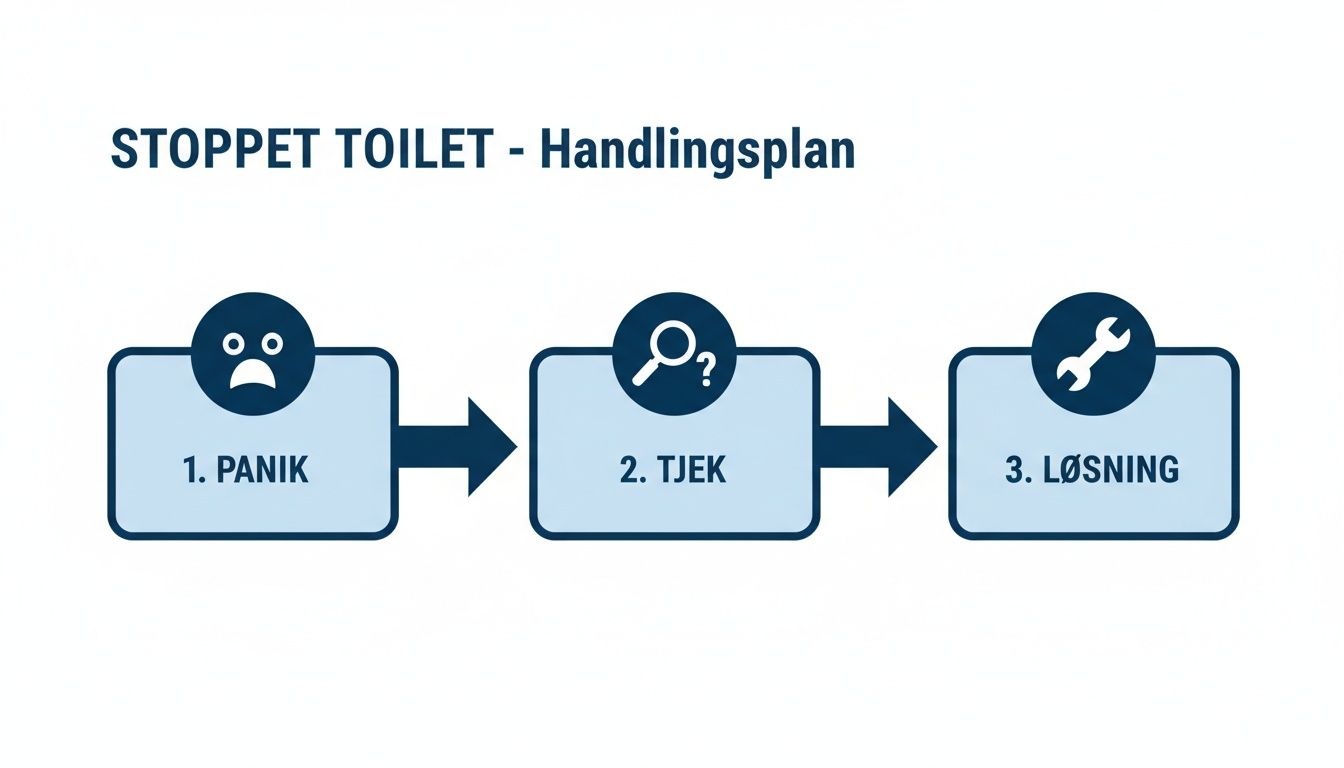Flowdiagram for en stoppet toilet med trinene panik, tjek og løsning, illustreret med ikoner.