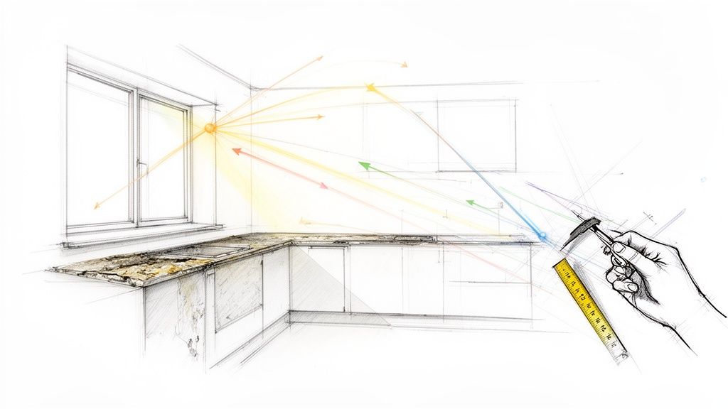 Skitseret køkkenrum med gammelt køkkenbord, vindue og en hånd der måler, der viser renoverings- og lysdesign.