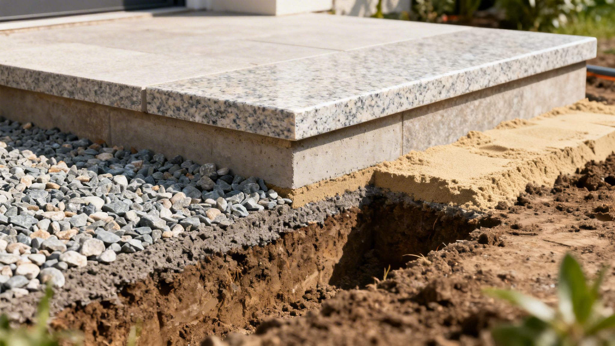Detaljeret billede af anlægning af udendørs stentrapper, der viser lag af jord, grus, sand og betonfundament.