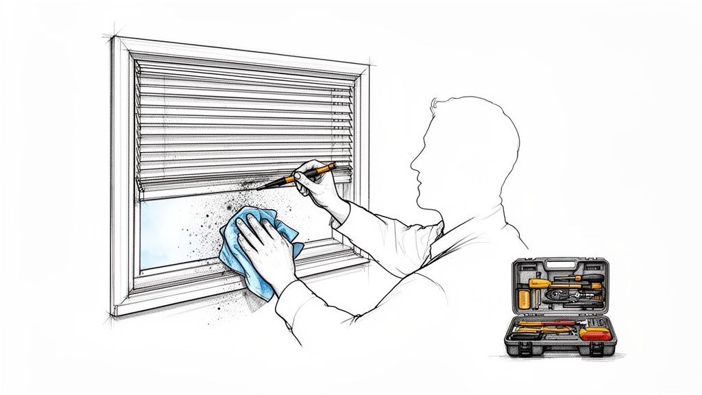 En illustration viser en person, der rengør et vindue med persienner, og en åben værktøjskasse.
