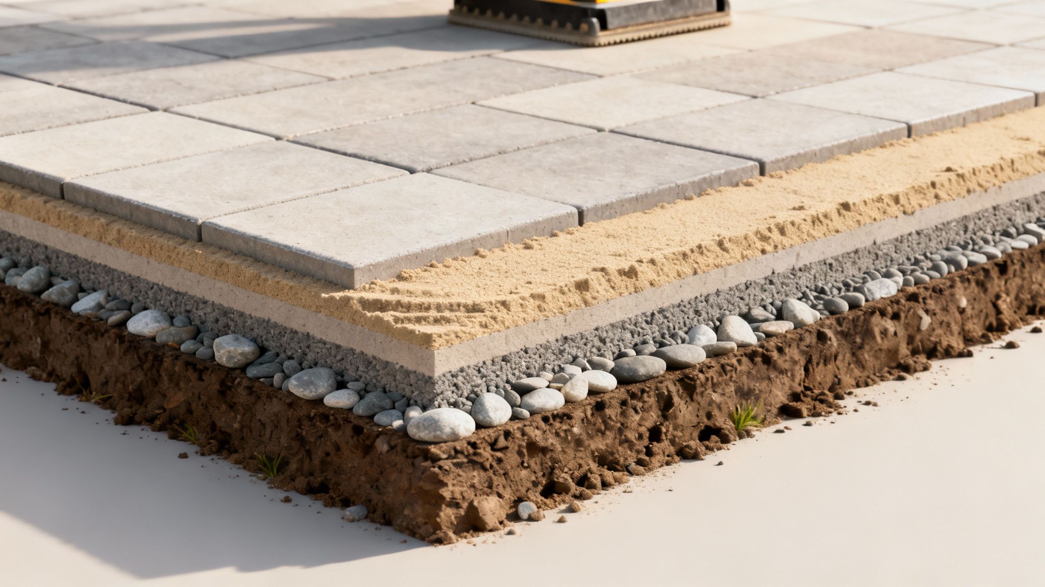 Detaljeret tværsnit af belagt overflade, der viser lag af fliser, sand, grus og jord.
