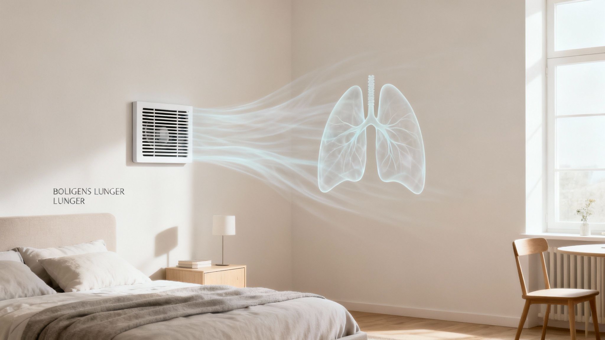 En udluftningsventil på væggen i et soveværelse sender luftstrømme mod en visualisering af lunger.