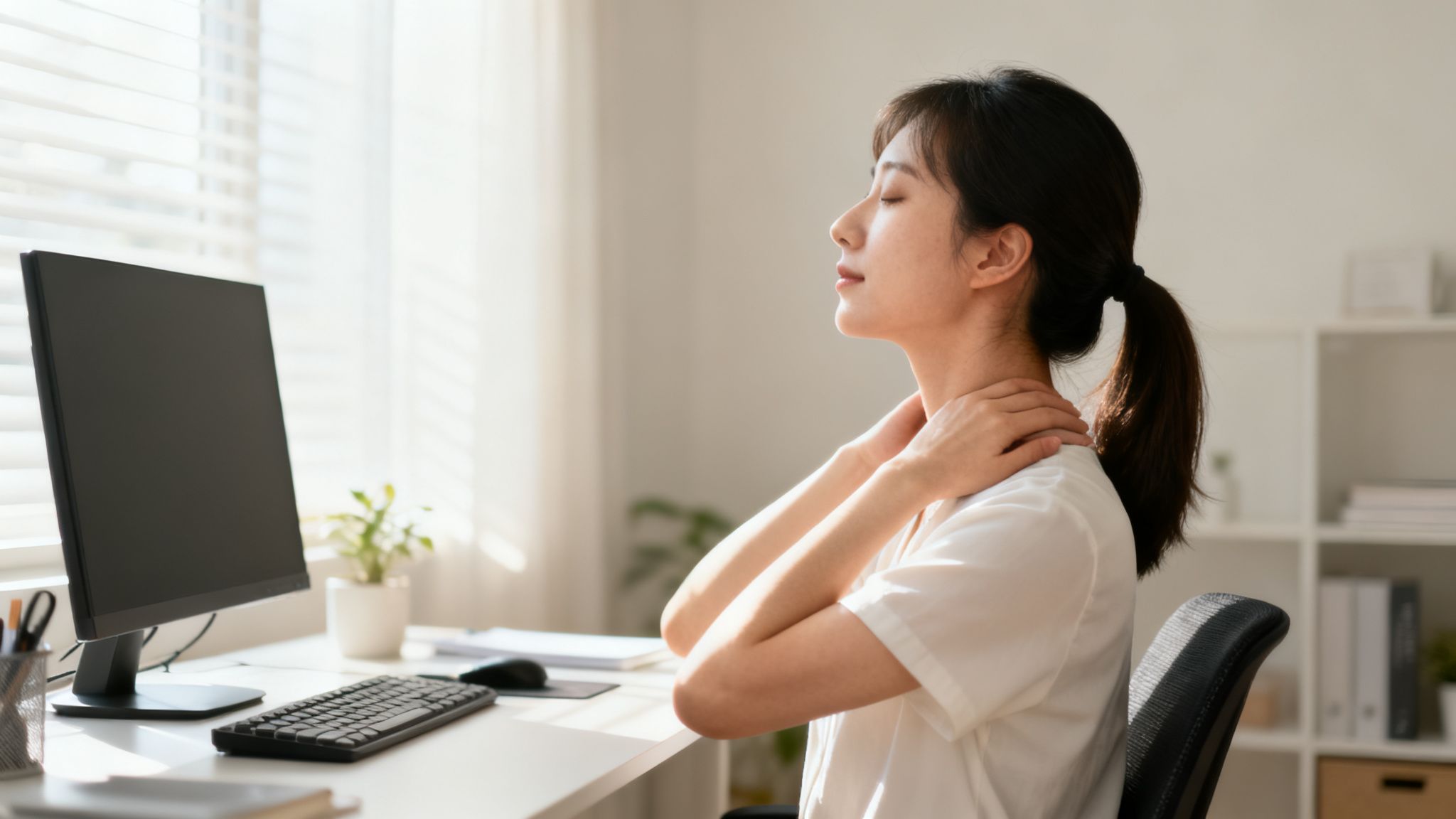 Kvinde ved skrivebord strækker nakken med lukkede øjne og hænder på skuldrene.