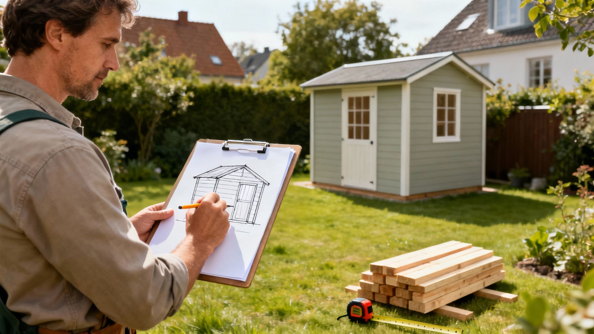 Person der er i gang med at bygge et skur i sin have