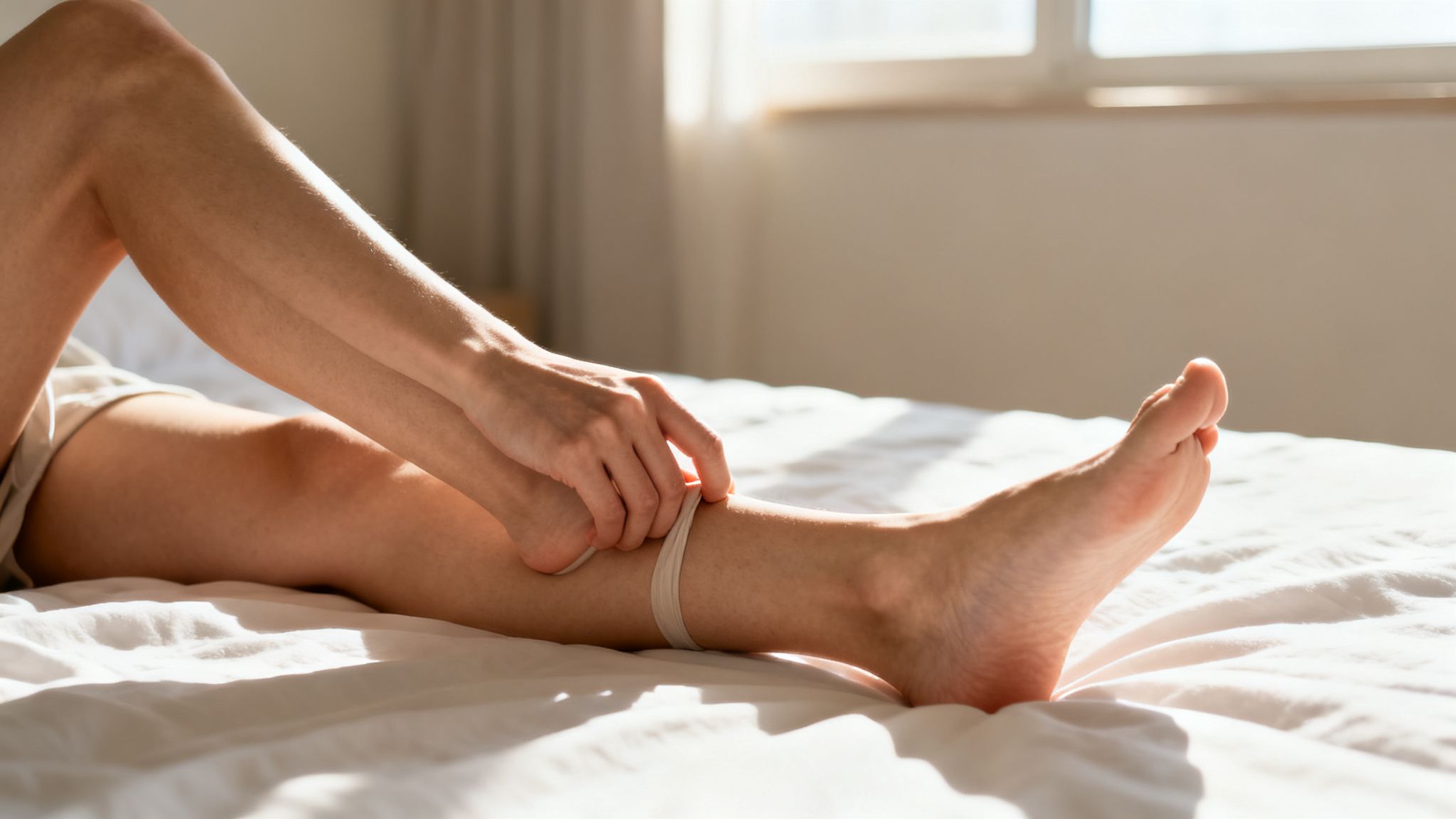 En person tager en lys sok på eller af, mens de ligger på en seng i sollys.